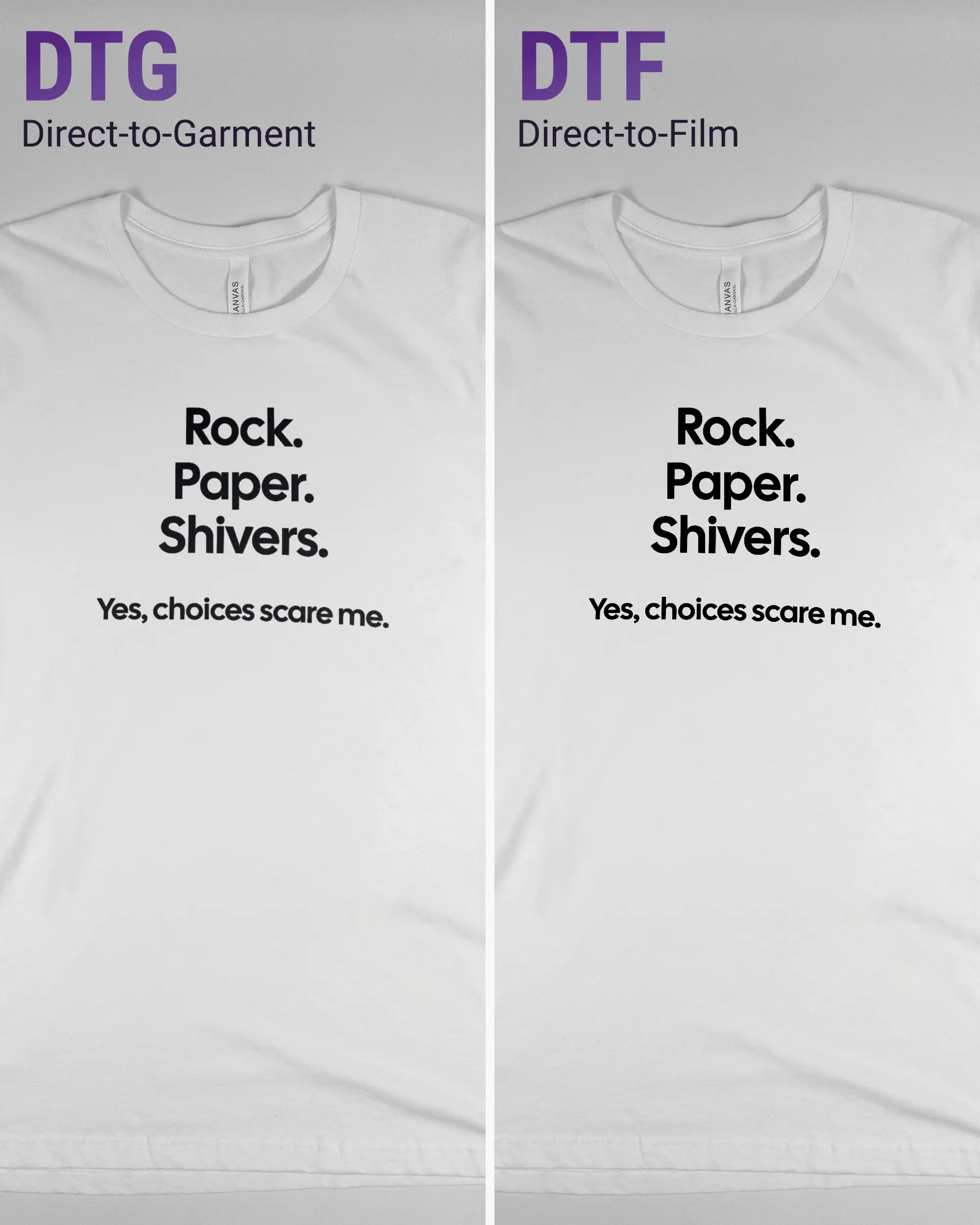 Vergleich der Vorderseiten des Basic Unisex T-Shirt Light von Maondo mit dem Design Rock Paper Shivers in der Farbe White und in der Größe L links mit dem Direct-to-Garment und rechts mit dem Direct-to-Film Verfahren