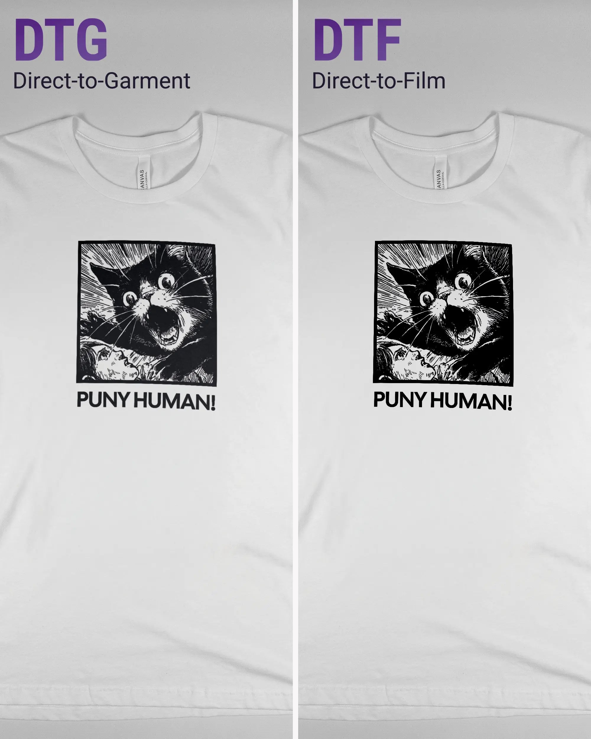 Vergleich der Vorderseiten des Basic Unisex T-Shirt Light von Maondo mit dem Design Puny Human in der Farbe White und in der Größe L links mit dem Direct-to-Garment und rechts mit dem Direct-to-Film Verfahren