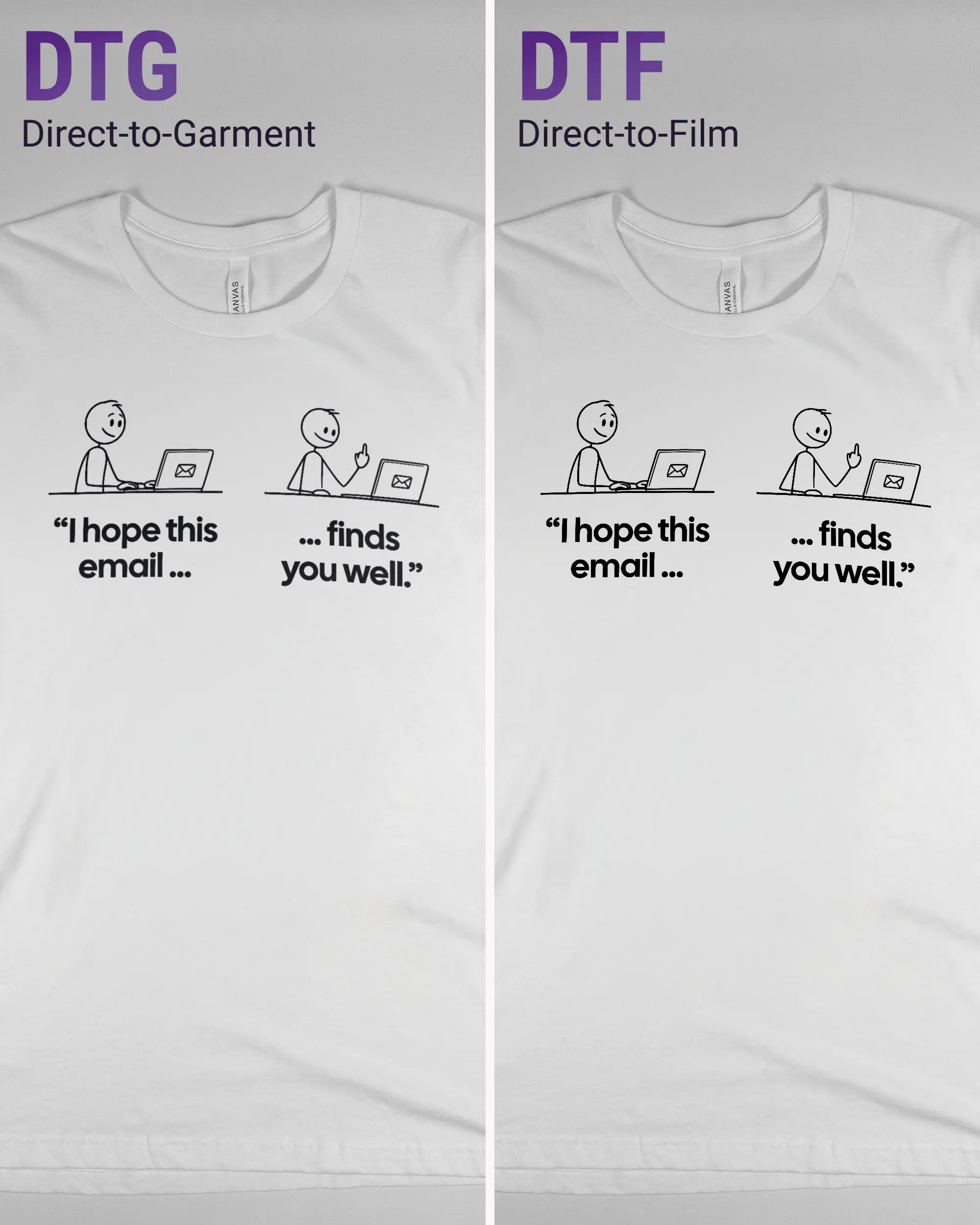 Vergleich der Vorderseiten des Basic Unisex T-Shirt Light von Maondo mit dem Design Found me not well in der Farbe White und in der Größe L links mit dem Direct-to-Garment und rechts mit dem Direct-to-Film Verfahren