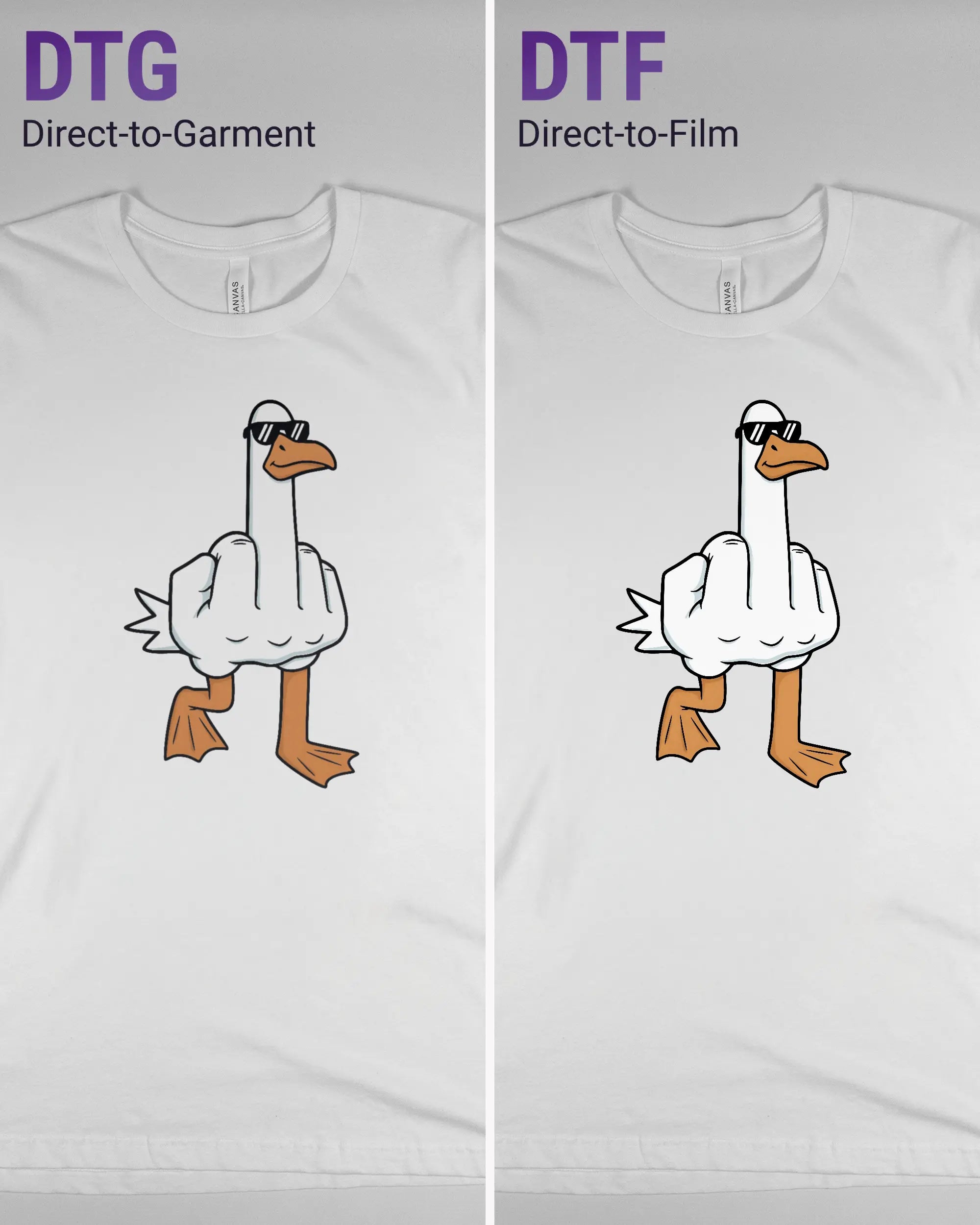 Vergleich der Vorderseiten des Basic Unisex T-Shirt Light von Maondo mit dem Design I give a duck in der Farbe White und in der Größe L links mit dem Direct-to-Garment und rechts mit dem Direct-to-Film Verfahren