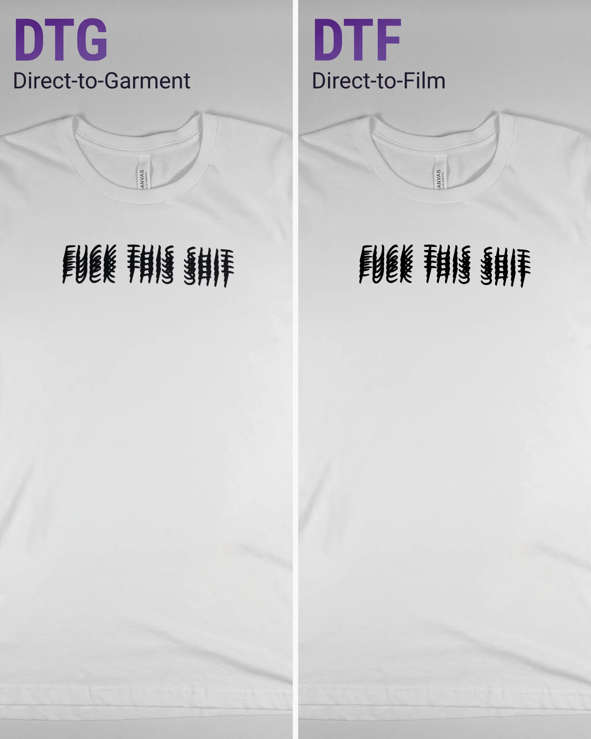 Vergleich der Vorderseiten des Basic Unisex T-Shirt Light von Maondo mit dem Design Hidden Message in der Farbe White und in der Größe L links mit dem Direct-to-Garment und rechts mit dem Direct-to-Film Verfahren