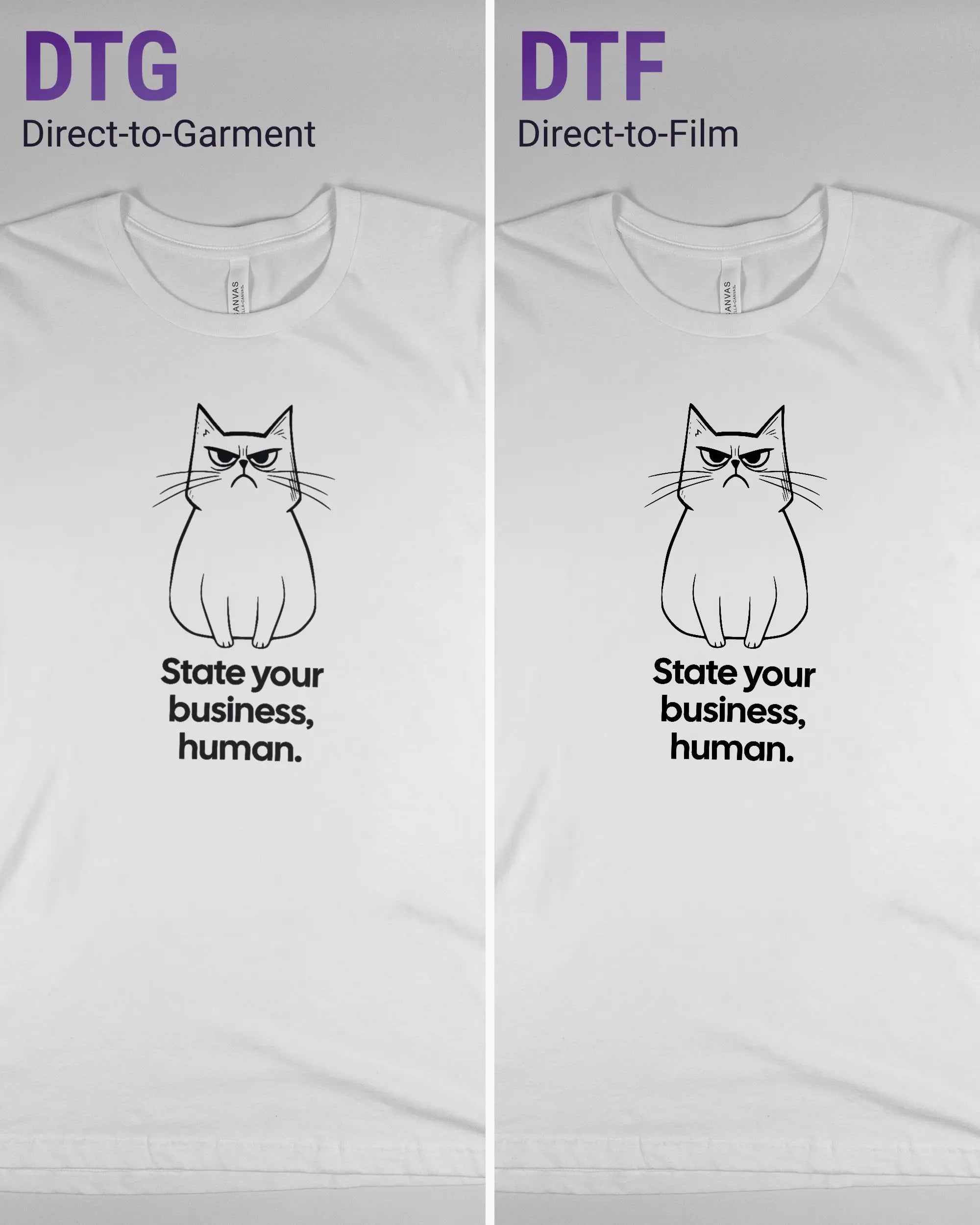 Vergleich der Vorderseiten des Basic Unisex T-Shirt Light von Maondo mit dem Design Grumpy Purr in der Farbe White und in der Größe L links mit dem Direct-to-Garment und rechts mit dem Direct-to-Film Verfahren