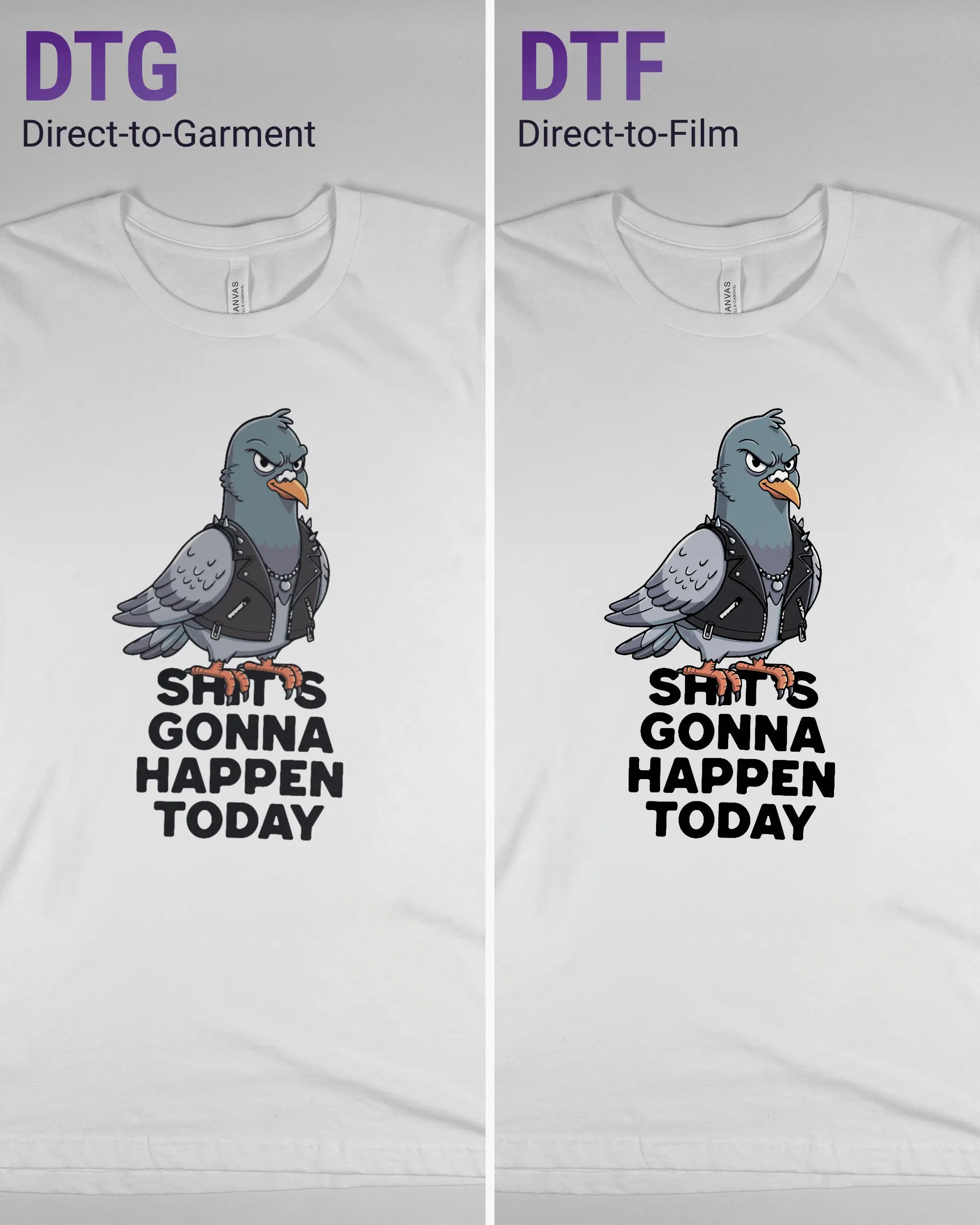 Vergleich der Vorderseiten des Basic Unisex T-Shirt Light von Maondo mit dem Design Pigeon Pun in der Farbe White und in der Größe L links mit dem Direct-to-Garment und rechts mit dem Direct-to-Film Verfahren