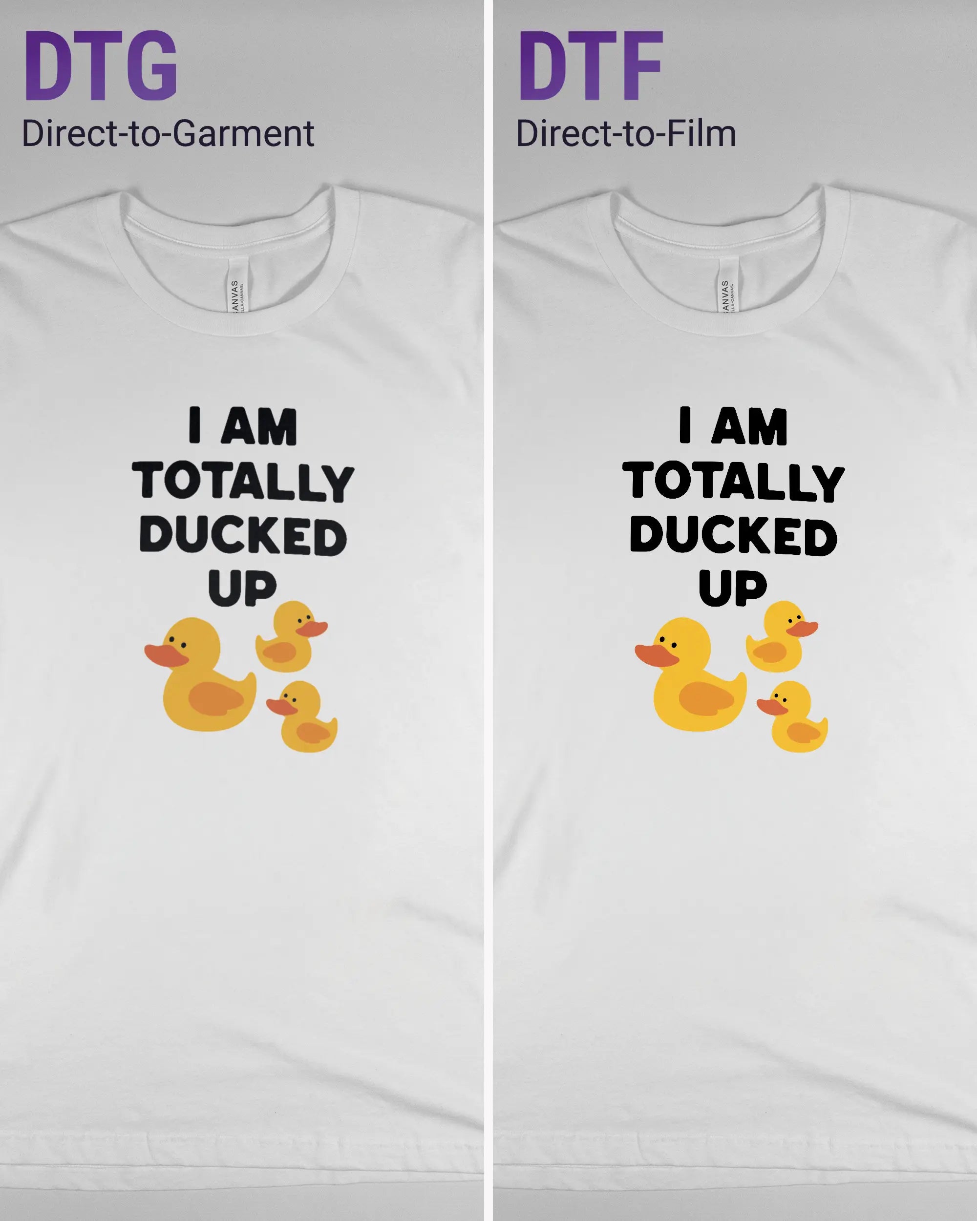 Vergleich der Vorderseiten des Basic Unisex T-Shirt Light von Maondo mit dem Design Ducked Up in der Farbe White und in der Größe L links mit dem Direct-to-Garment und rechts mit dem Direct-to-Film Verfahren