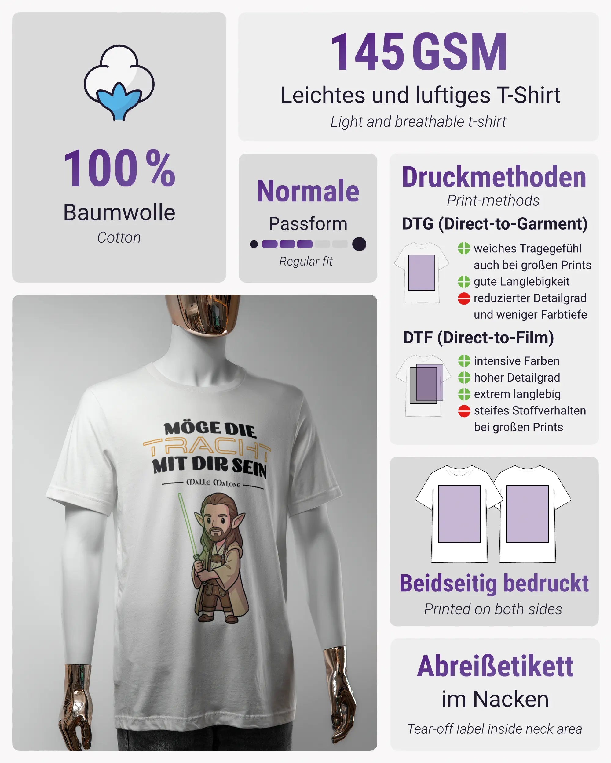 Produktinformationsblatt des Basic Unisex T-Shirt Light von Maondo mit dem Design Tracht mit dir vorne in der Farbe White und in der Größe S