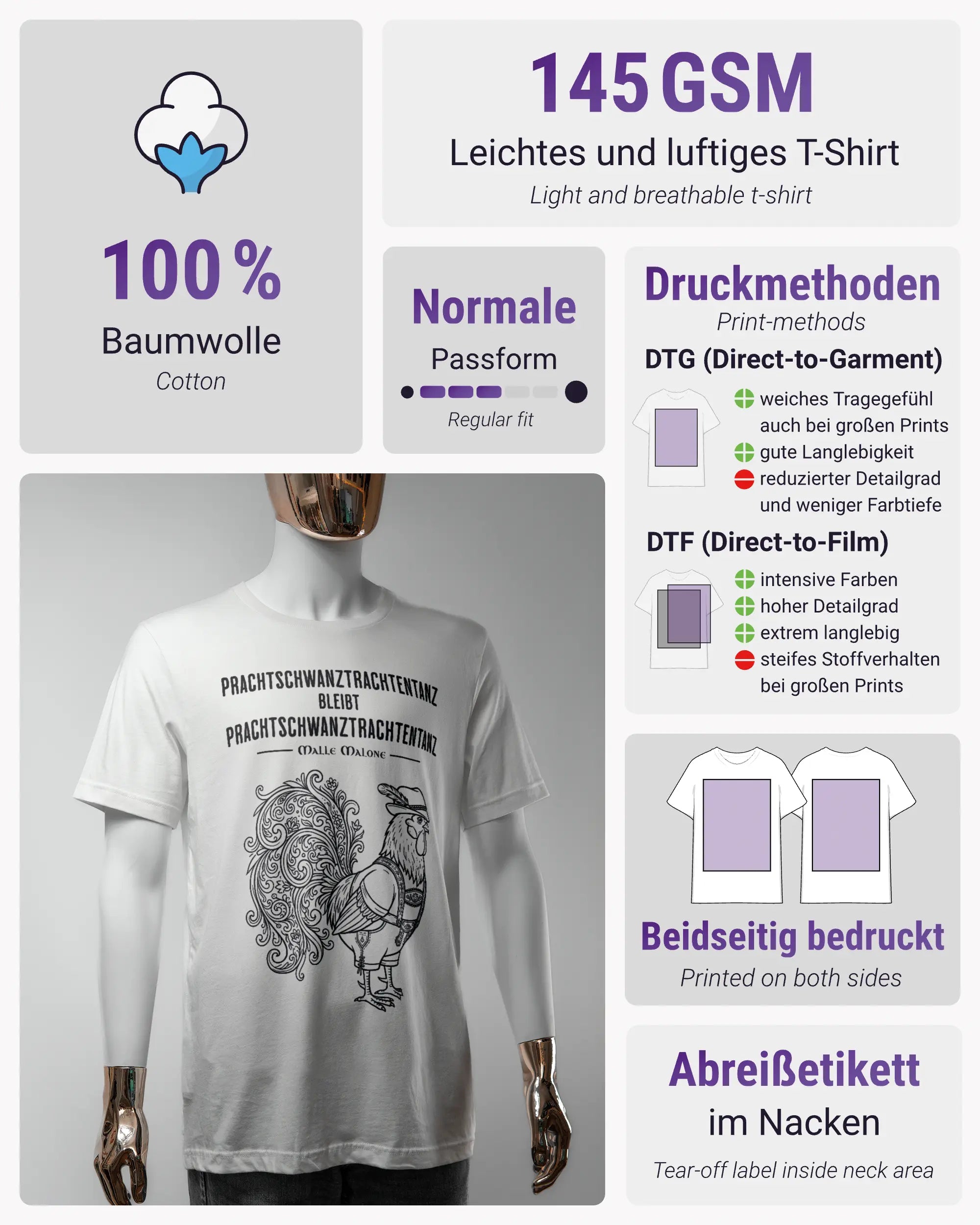 Produktinformationsblatt des Basic Unisex T-Shirt Light von Maondo mit dem Design Trachtentanz vorne in der Farbe White und in der Größe S