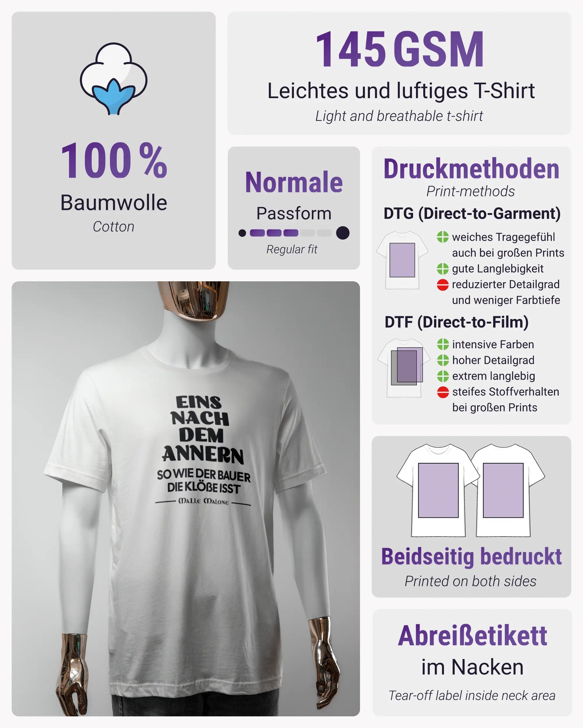 Produktinformationsblatt des Basic Unisex T-Shirt Light von Maondo mit dem Design Eins nach dem Annern vorne in der Farbe White und in der Größe S