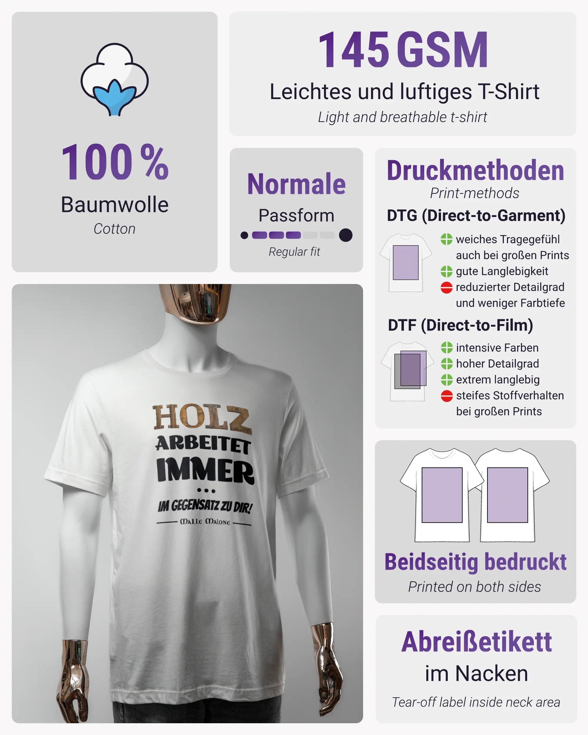 Produktinformationsblatt des Basic Unisex T-Shirt Light von Maondo mit dem Design Holzarbeit vorne in der Farbe White und in der Größe S