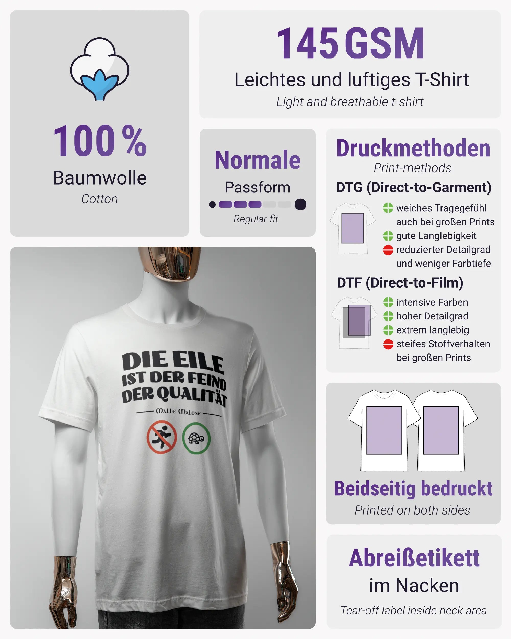 Produktinformationsblatt des Basic Unisex T-Shirt Light von Maondo mit dem Design Keine Eile vorne in der Farbe White und in der Größe S