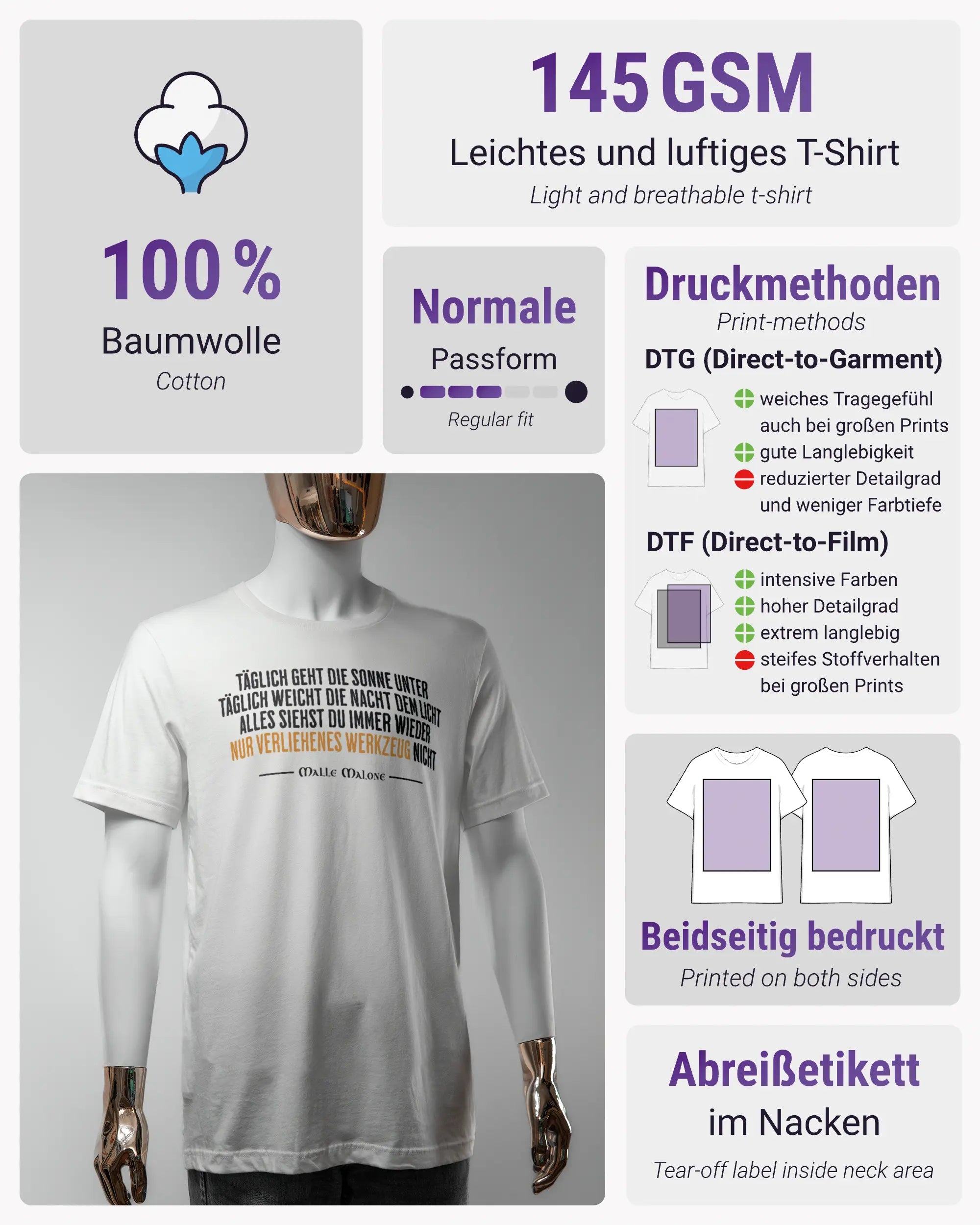 Produktinformationsblatt des Basic Unisex T-Shirt Light von Maondo mit dem Design Wegzeug vorne in der Farbe White und in der Größe S