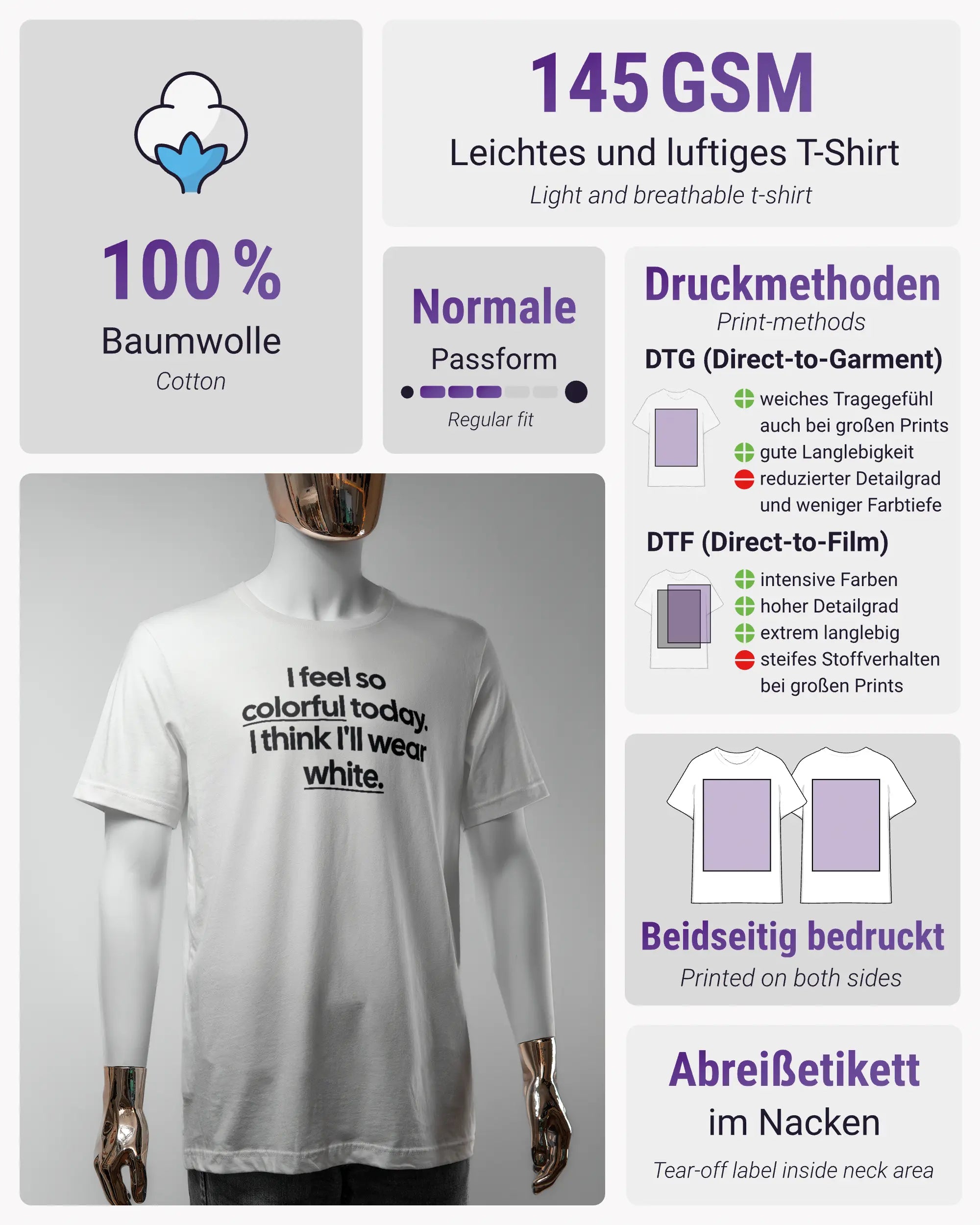 Produktinformationsblatt des Basic Unisex T-Shirt Light von Maondo mit dem Design Colorful Day vorne in der Farbe White und in der Größe S