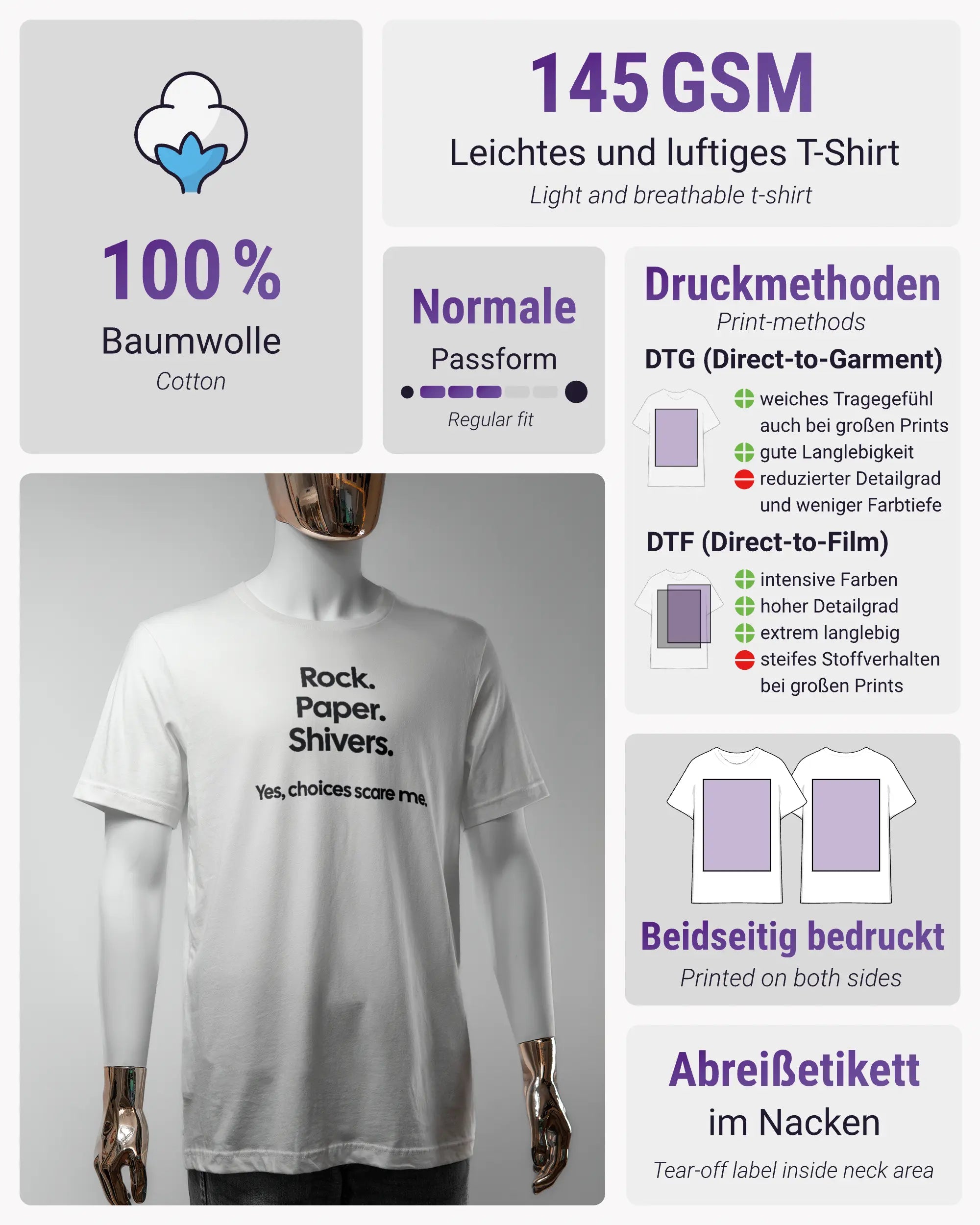 Produktinformationsblatt des Basic Unisex T-Shirt Light von Maondo mit dem Design Rock Paper Shivers vorne in der Farbe White und in der Größe S