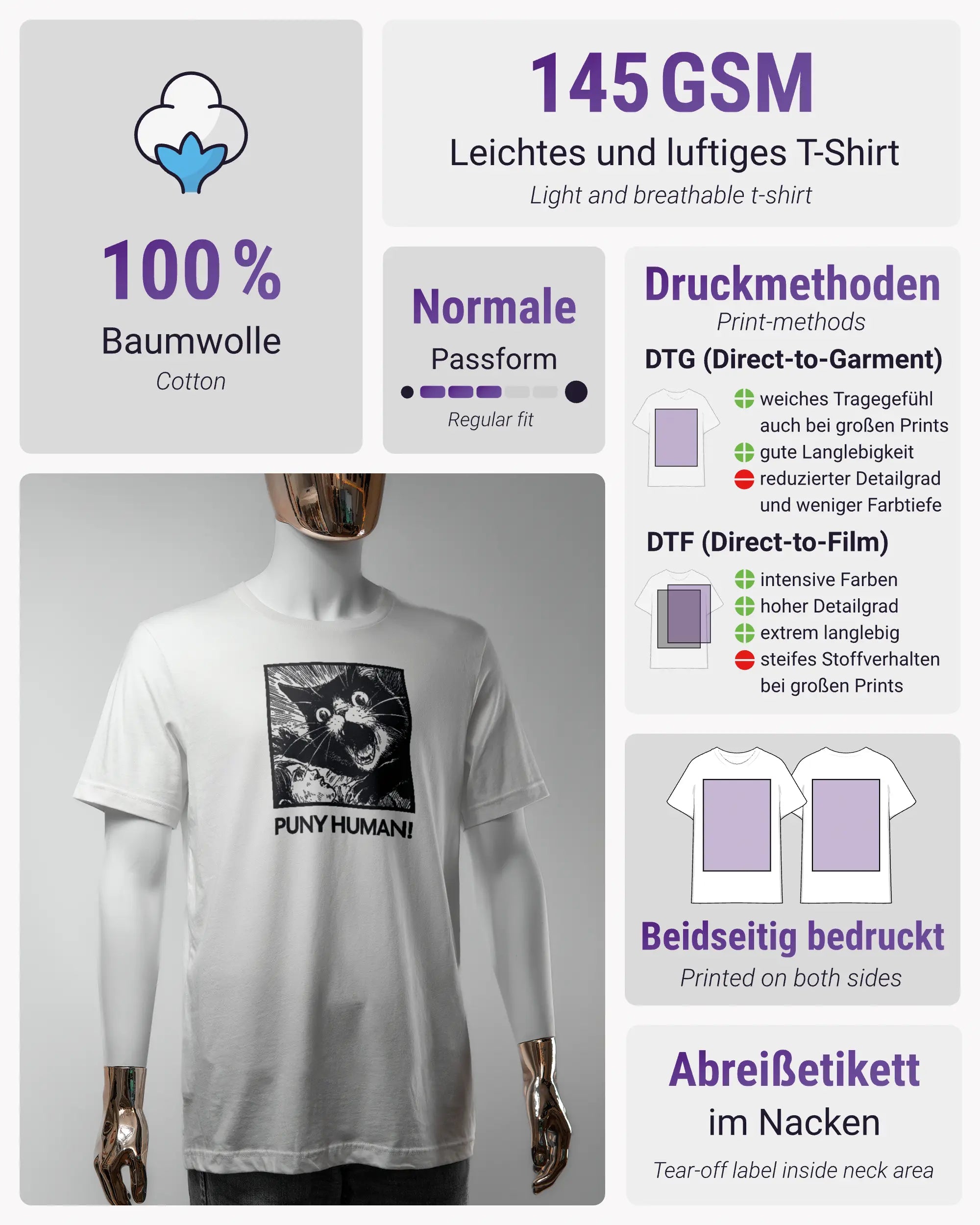 Produktinformationsblatt des Basic Unisex T-Shirt Light von Maondo mit dem Design Puny Human vorne in der Farbe White und in der Größe S