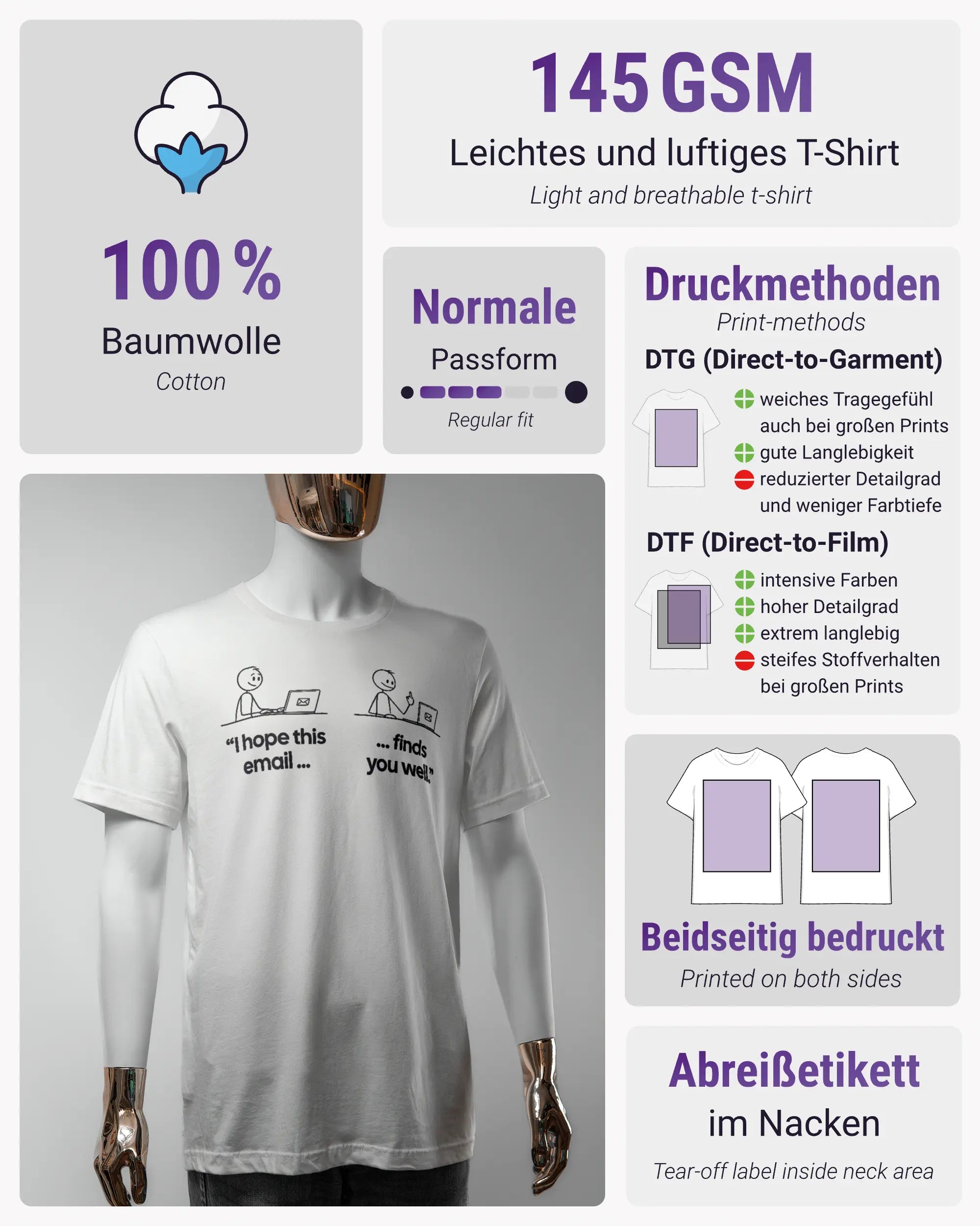 Produktinformationsblatt des Basic Unisex T-Shirt Light von Maondo mit dem Design Found me not well vorne in der Farbe White und in der Größe S