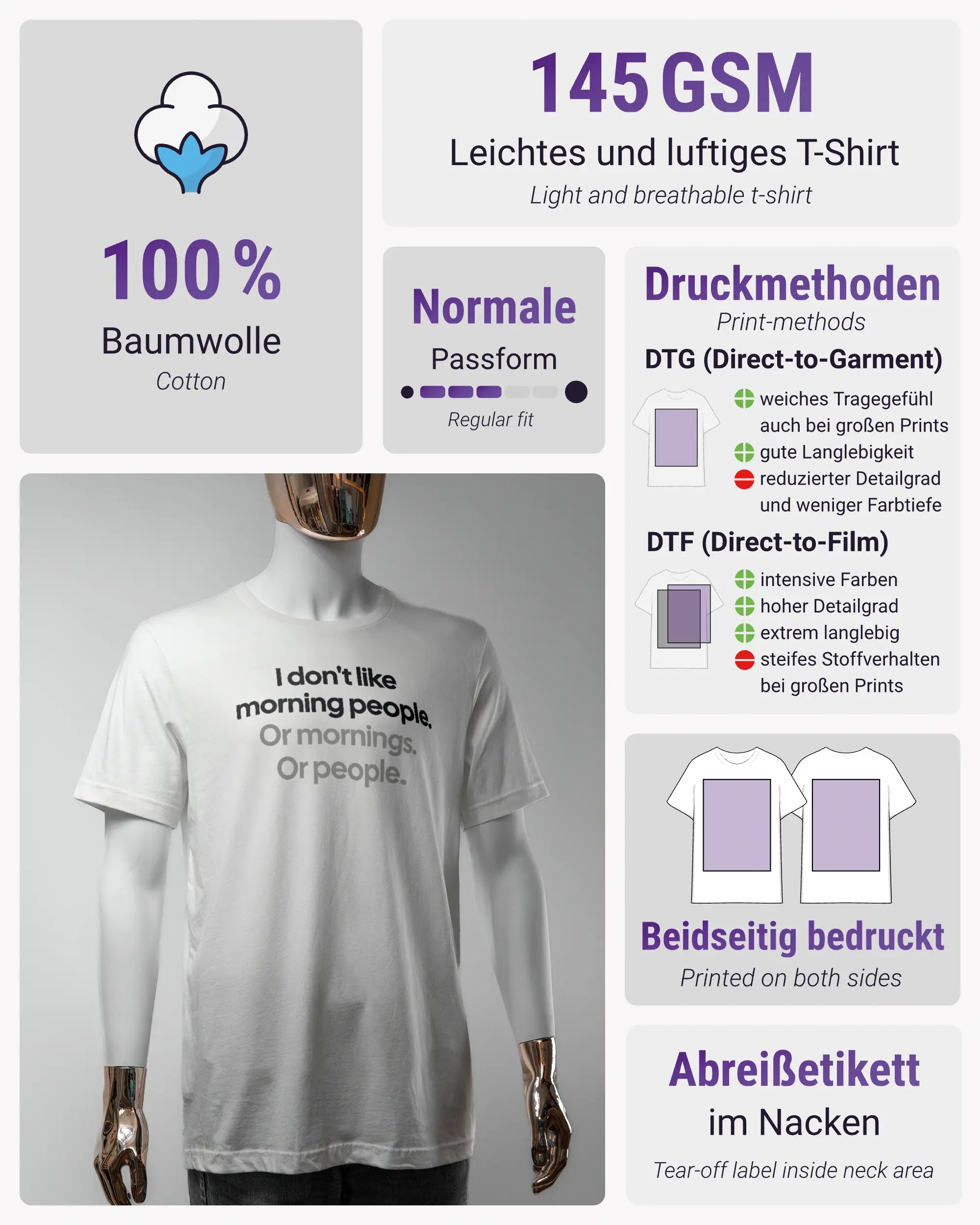 Produktinformationsblatt des Basic Unisex T-Shirt Light von Maondo mit dem Design Morning Person vorne in der Farbe White und in der Größe S