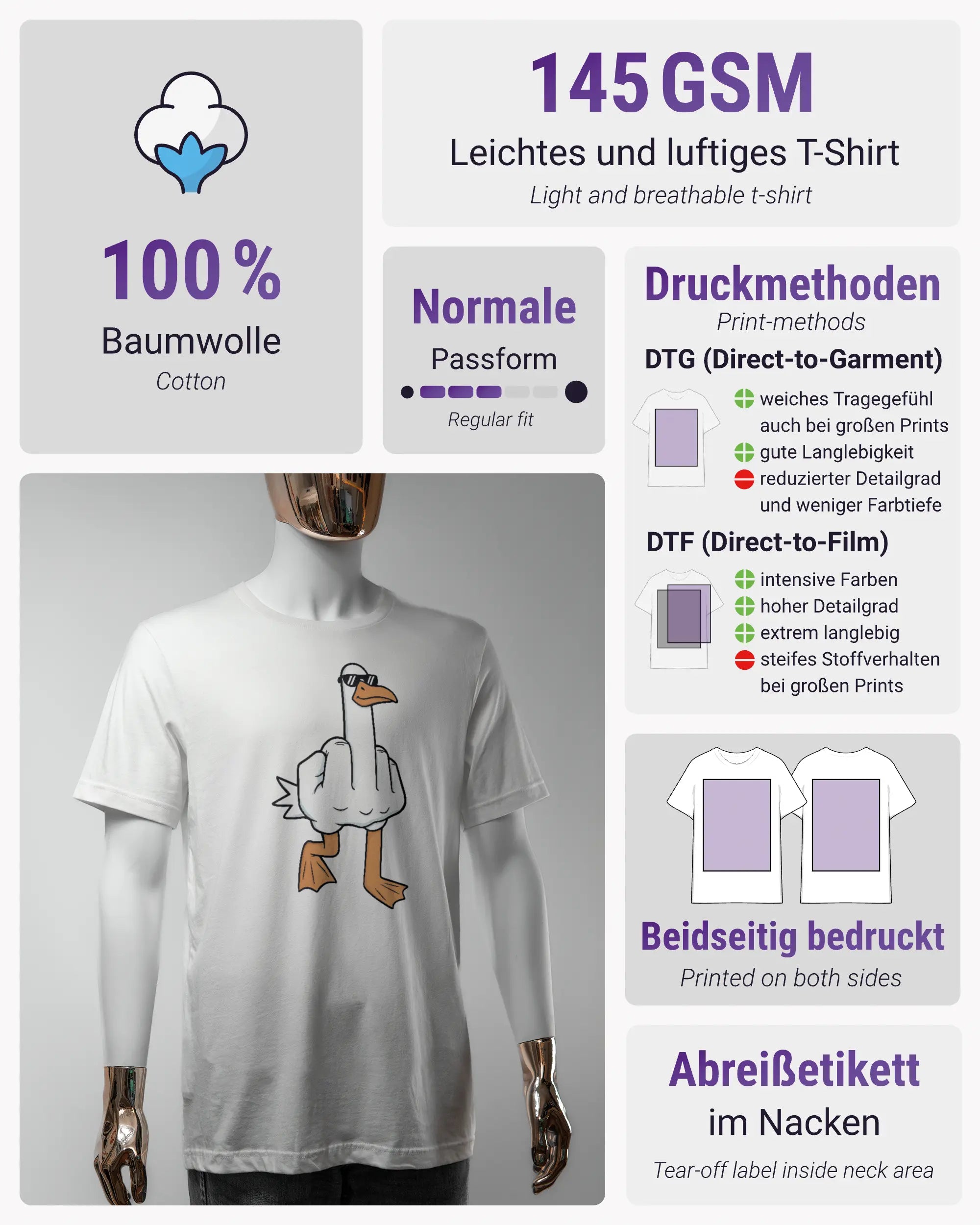 Produktinformationsblatt des Basic Unisex T-Shirt Light von Maondo mit dem Design I give a duck vorne in der Farbe White und in der Größe S