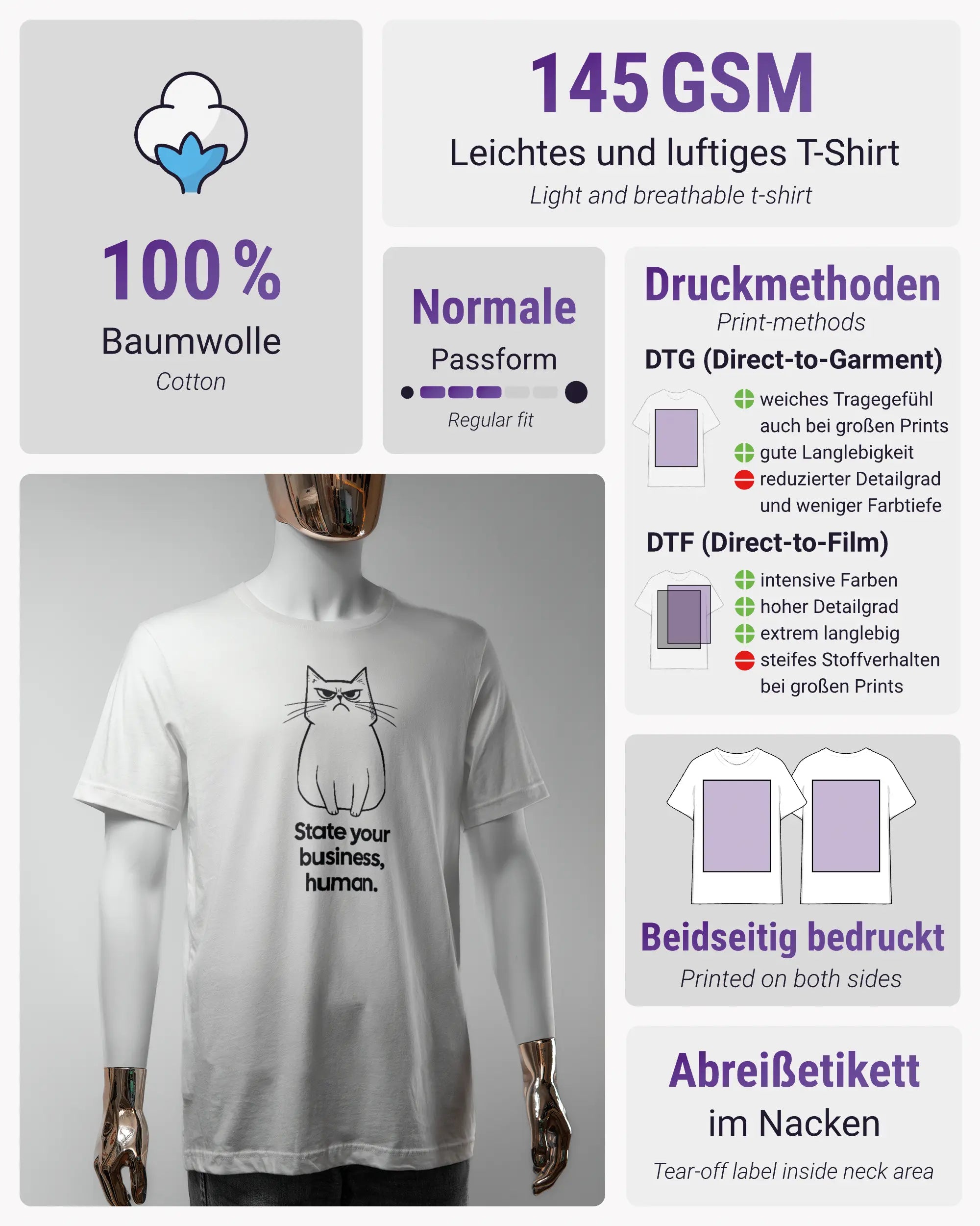 Produktinformationsblatt des Basic Unisex T-Shirt Light von Maondo mit dem Design Grumpy Purr vorne in der Farbe White und in der Größe S