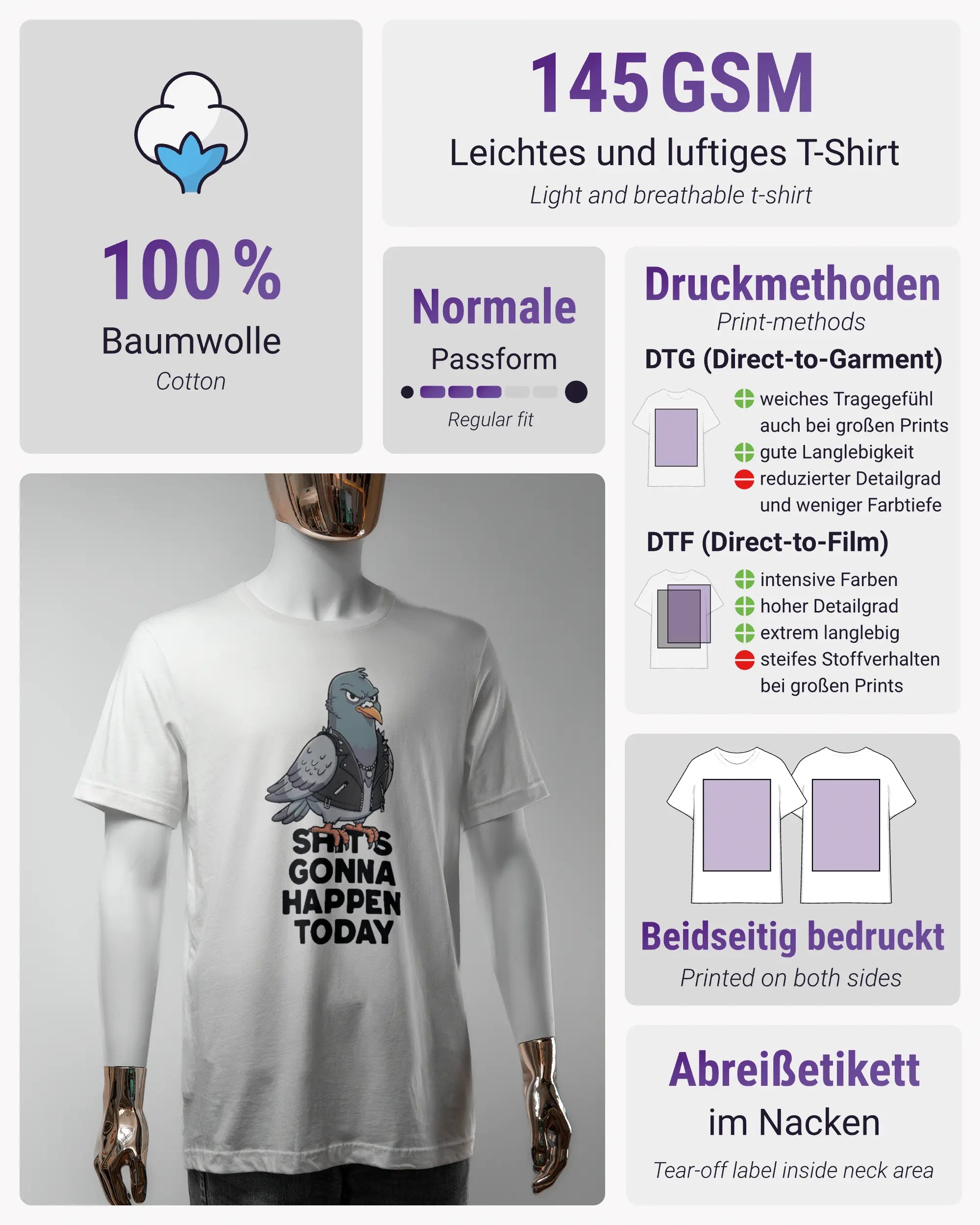 Produktinformationsblatt des Basic Unisex T-Shirt Light von Maondo mit dem Design Pigeon Pun vorne in der Farbe White und in der Größe S