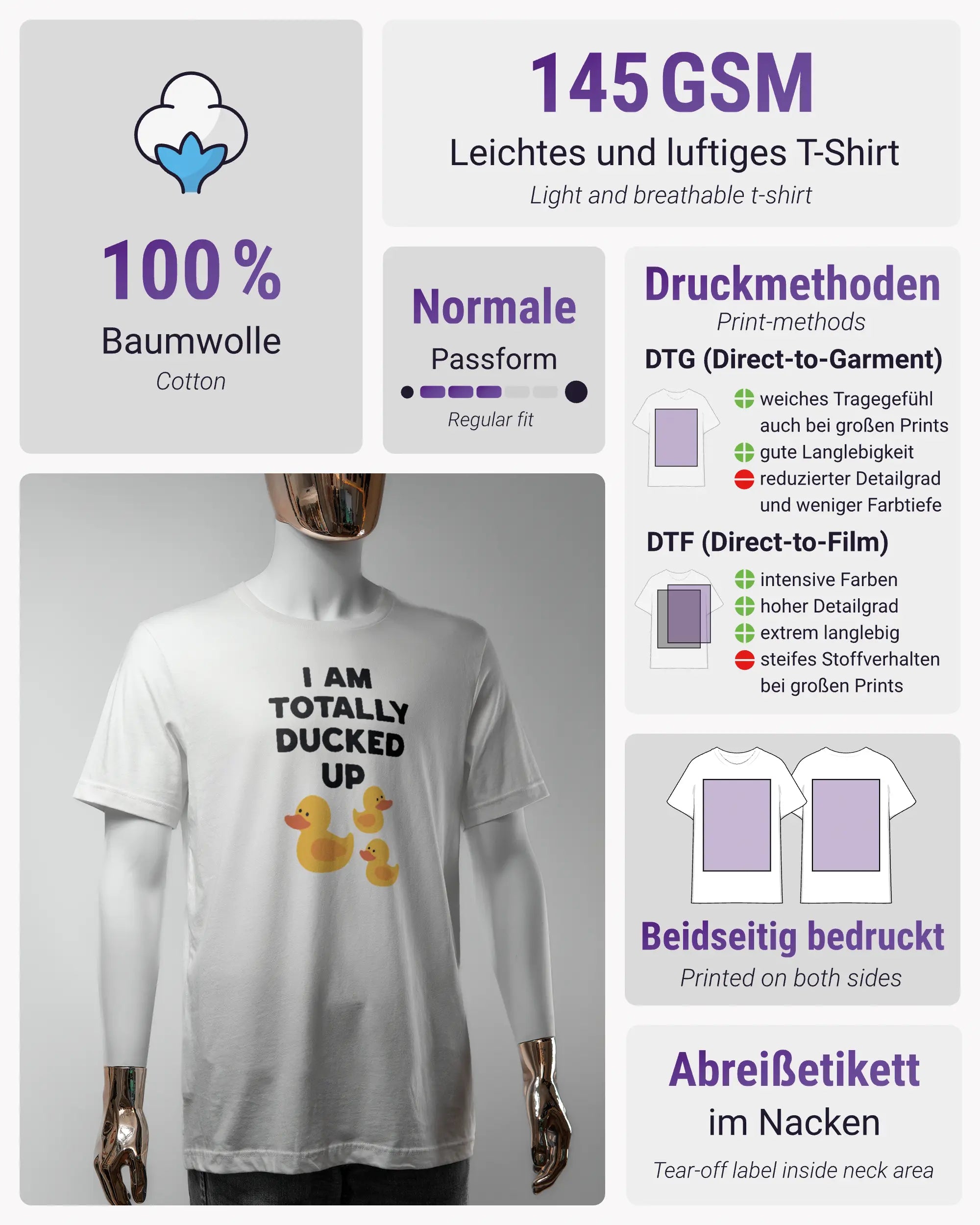 Produktinformationsblatt des Basic Unisex T-Shirt Light von Maondo mit dem Design Ducked Up vorne in der Farbe White und in der Größe S