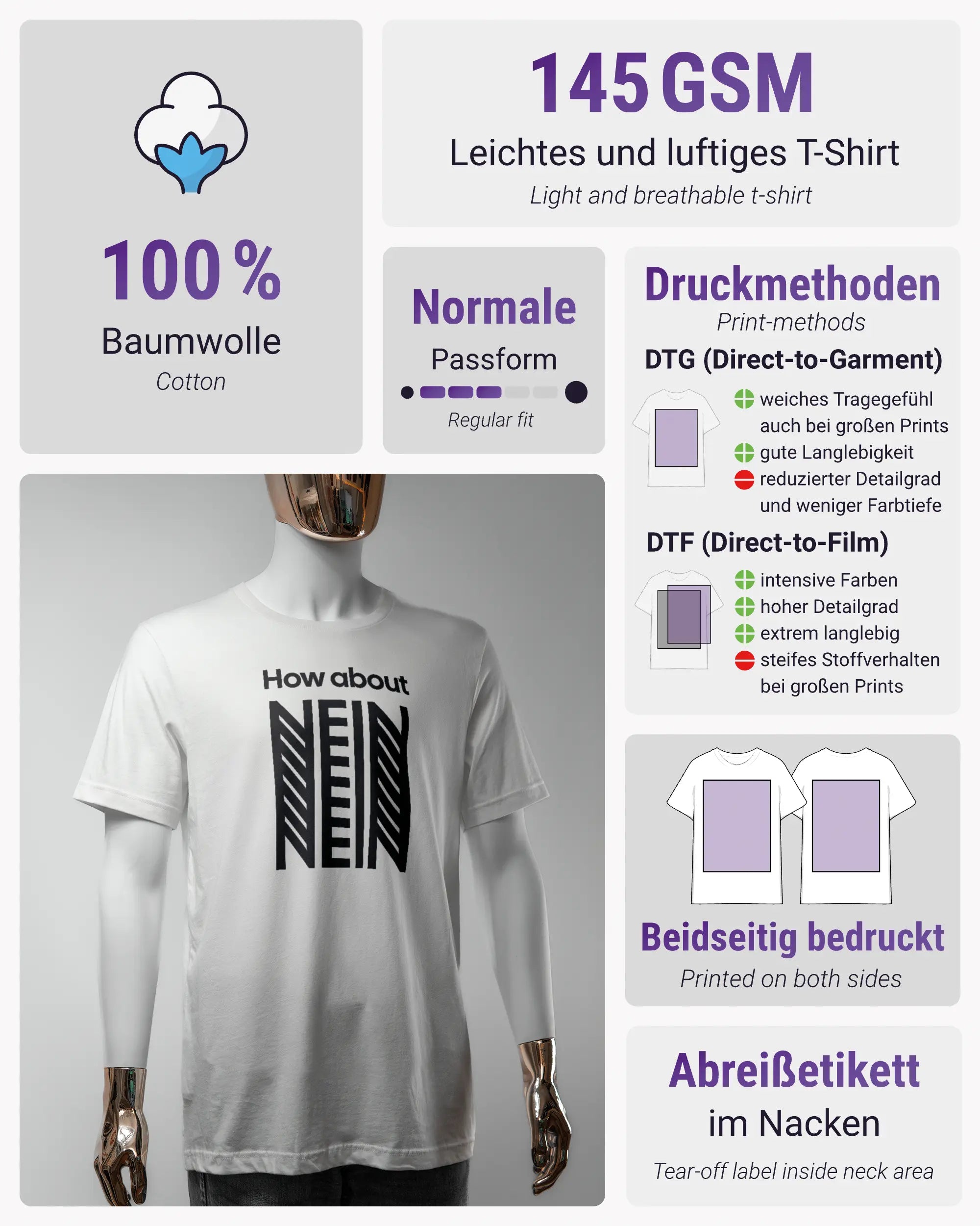 Produktinformationsblatt des Basic Unisex T-Shirt Light von Maondo mit dem Design How about nein vorne in der Farbe White und in der Größe S