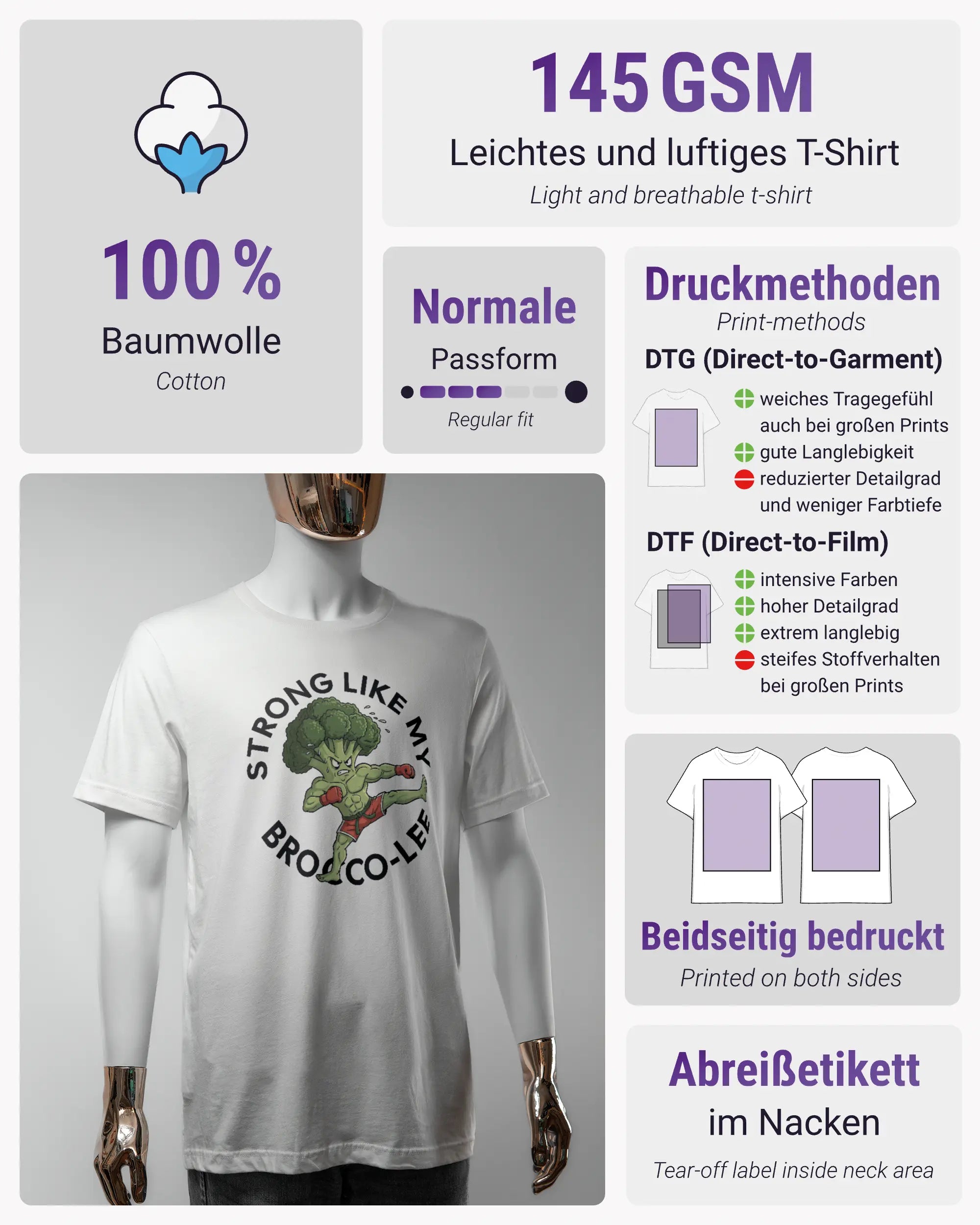 Produktinformationsblatt des Basic Unisex T-Shirt Light von Maondo mit dem Design Brocco-Lee vorne in der Farbe White und in der Größe S