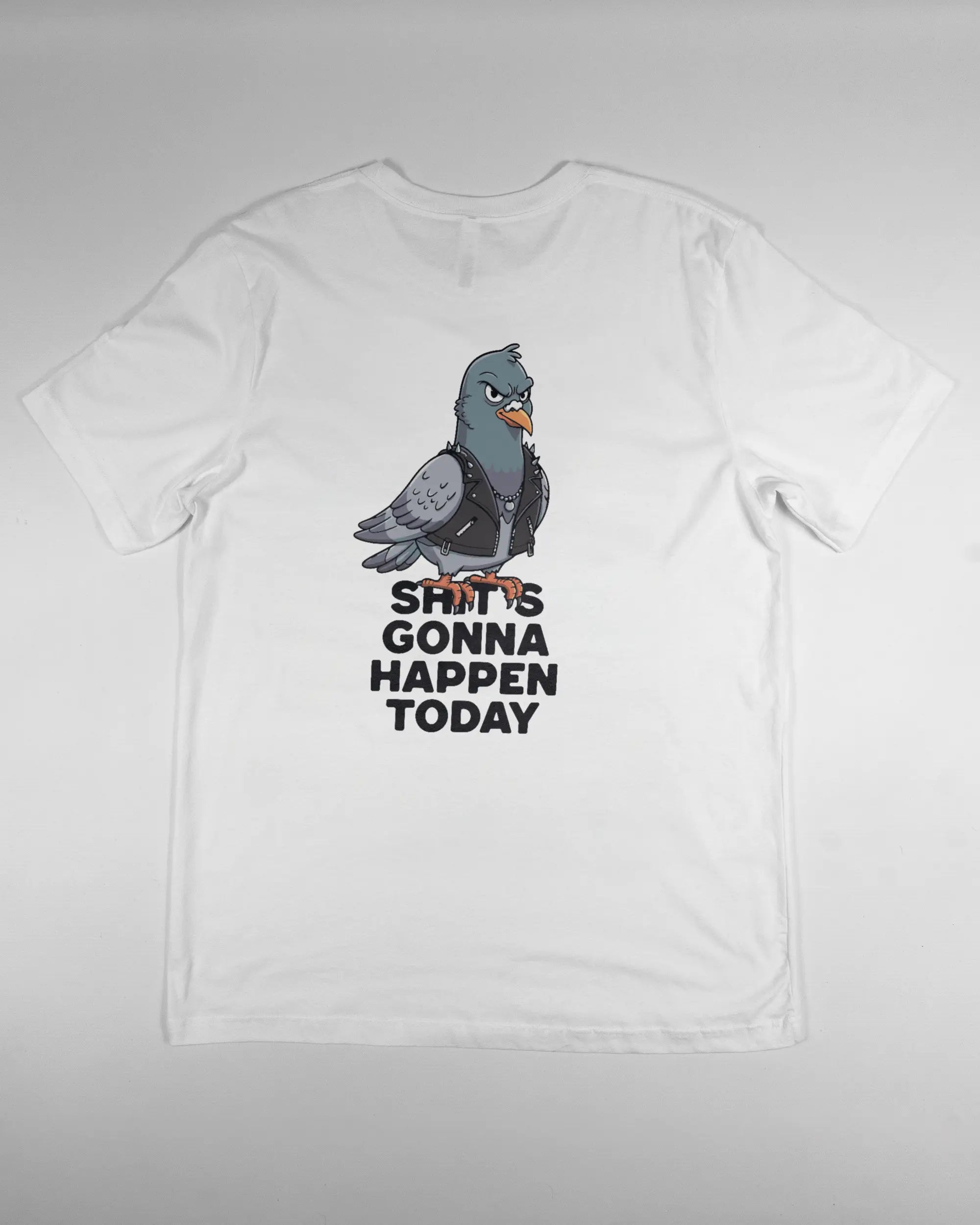 Rückseite des Basic Unisex T-Shirt Light von Maondo mit dem Design Pigeon Pun in der Farbe White und in der Größe L flach auf den Boden gelegt