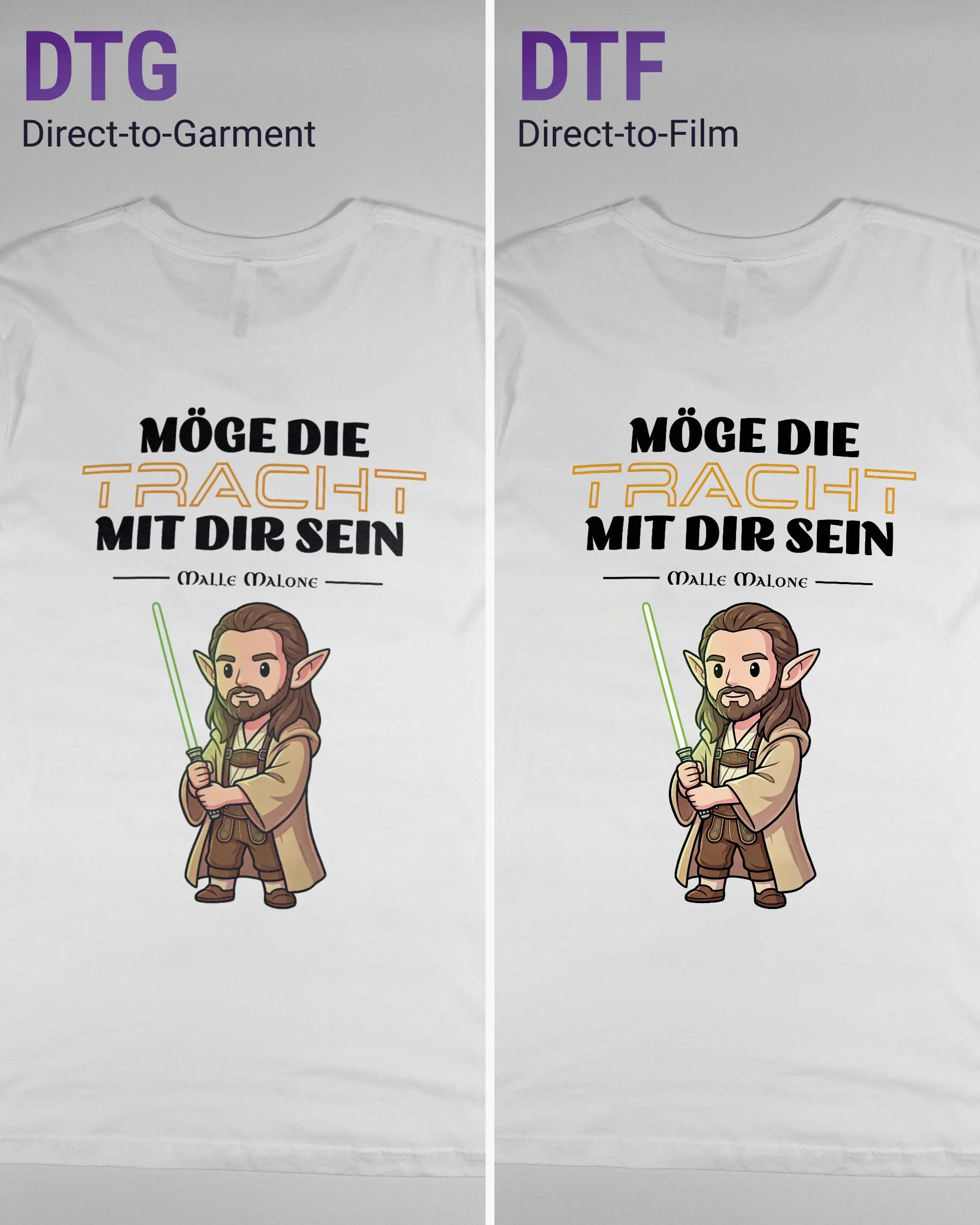 Vergleich der Rückseiten des Basic Unisex T-Shirt Light von Maondo mit dem Design Tracht mit dir in der Farbe White und in der Größe L links mit dem Direct-to-Garment und rechts mit dem Direct-to-Film Verfahren