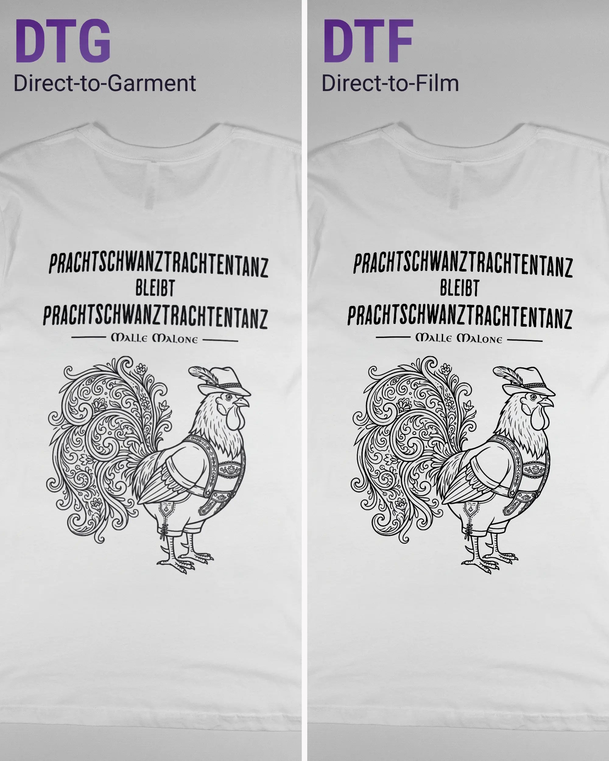 Vergleich der Rückseiten des Basic Unisex T-Shirt Light von Maondo mit dem Design Trachtentanz in der Farbe White und in der Größe L links mit dem Direct-to-Garment und rechts mit dem Direct-to-Film Verfahren