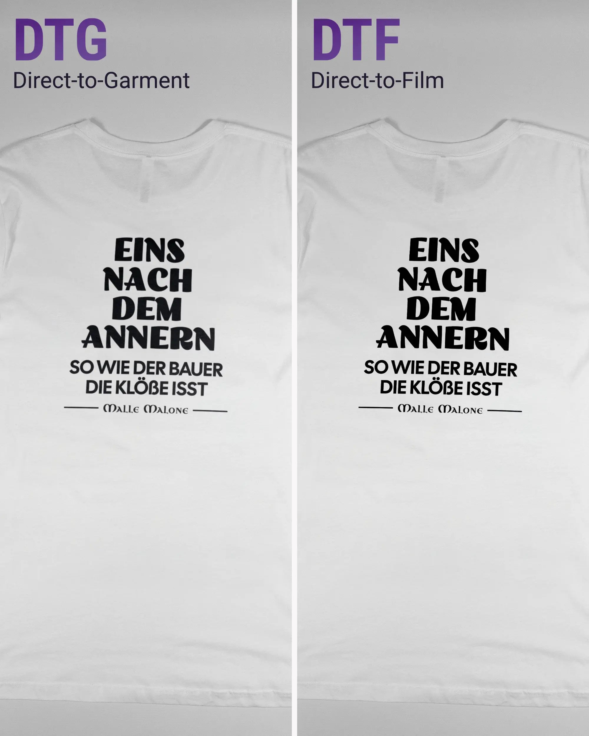 Vergleich der Rückseiten des Basic Unisex T-Shirt Light von Maondo mit dem Design Eins nach dem Annern in der Farbe White und in der Größe L links mit dem Direct-to-Garment und rechts mit dem Direct-to-Film Verfahren