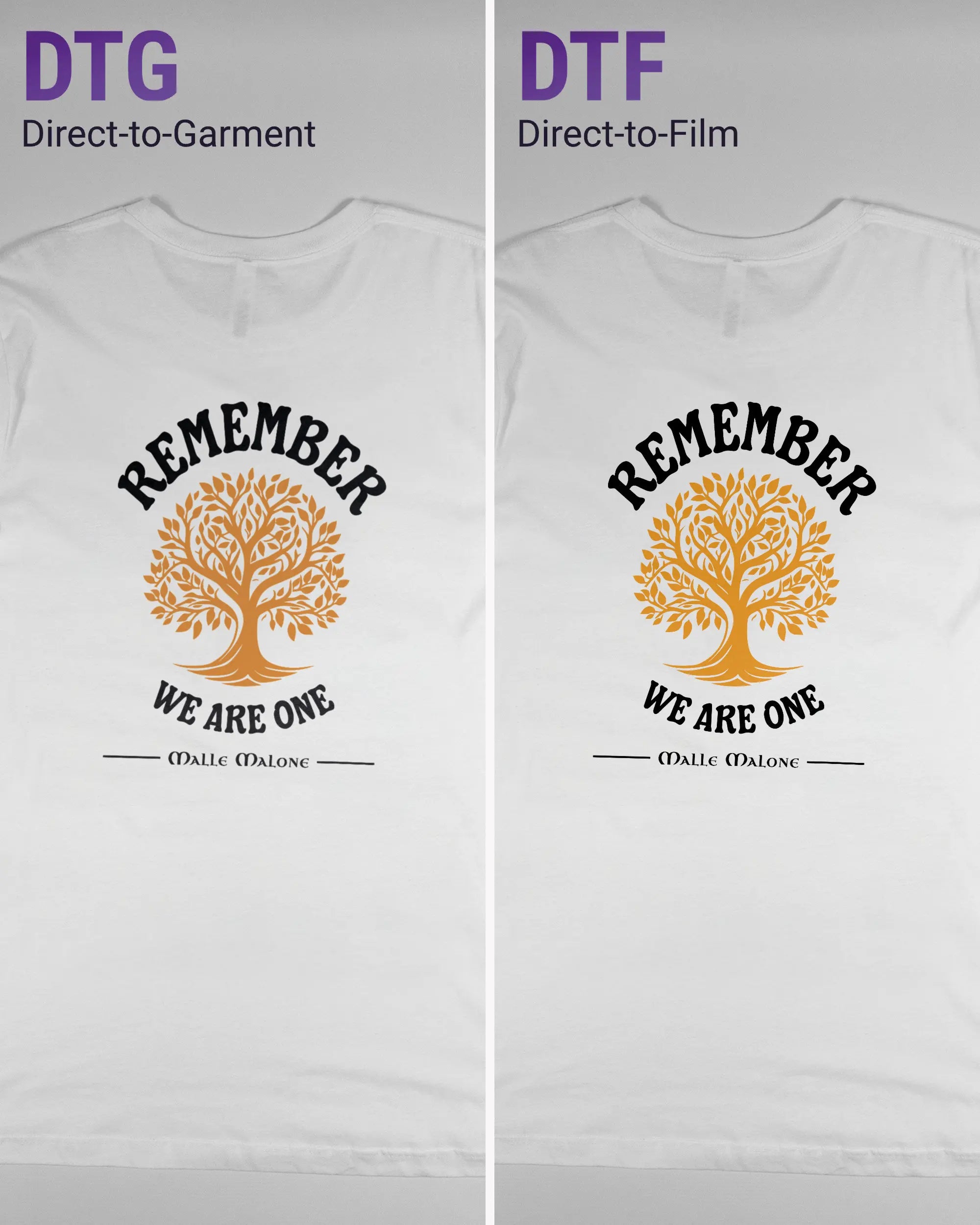 Vergleich der Rückseiten des Basic Unisex T-Shirt Light von Maondo mit dem Design We are one in der Farbe White und in der Größe L links mit dem Direct-to-Garment und rechts mit dem Direct-to-Film Verfahren