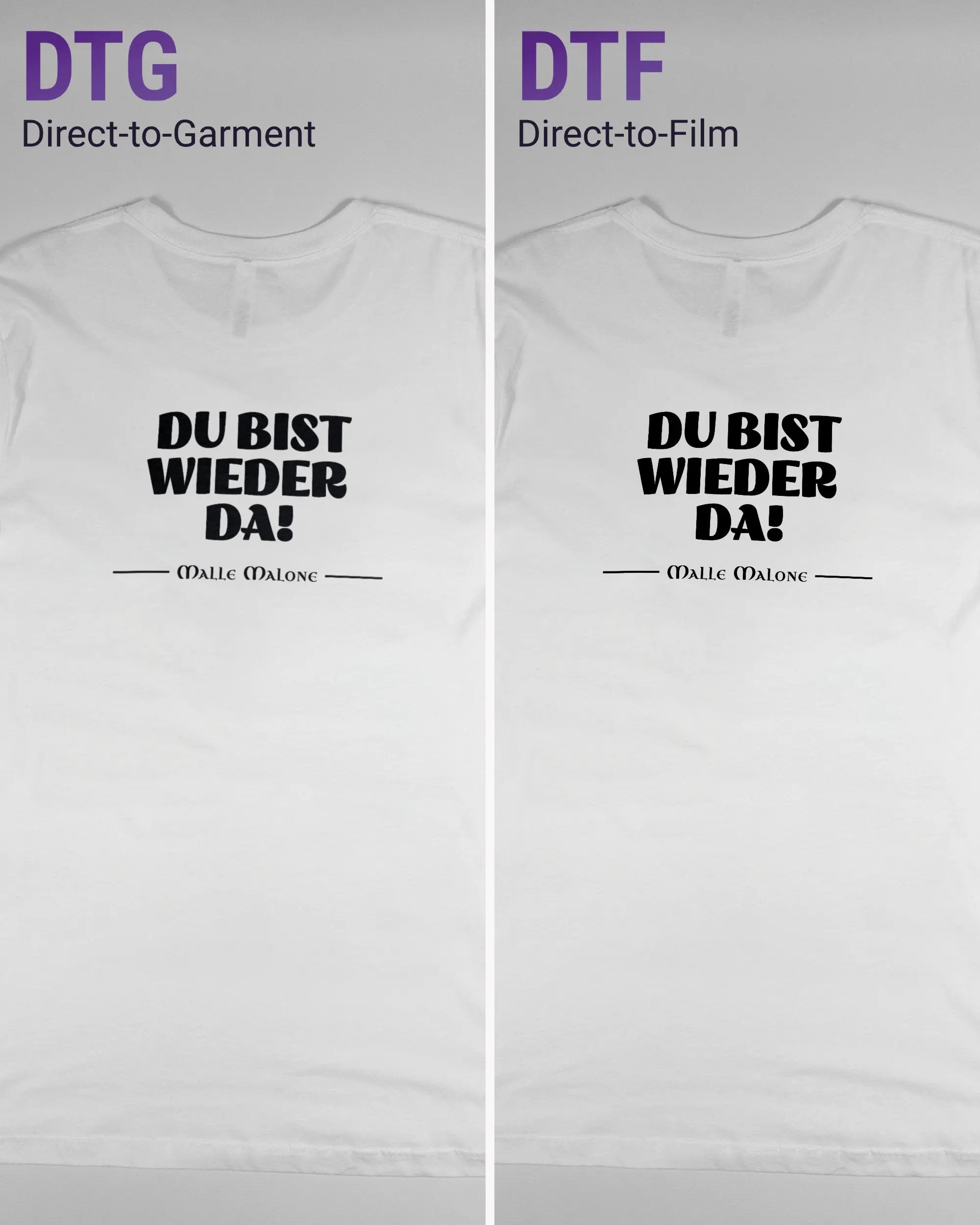 Vergleich der Rückseiten des Basic Unisex T-Shirt Light von Maondo mit dem Design Wieder da in der Farbe White und in der Größe L links mit dem Direct-to-Garment und rechts mit dem Direct-to-Film Verfahren