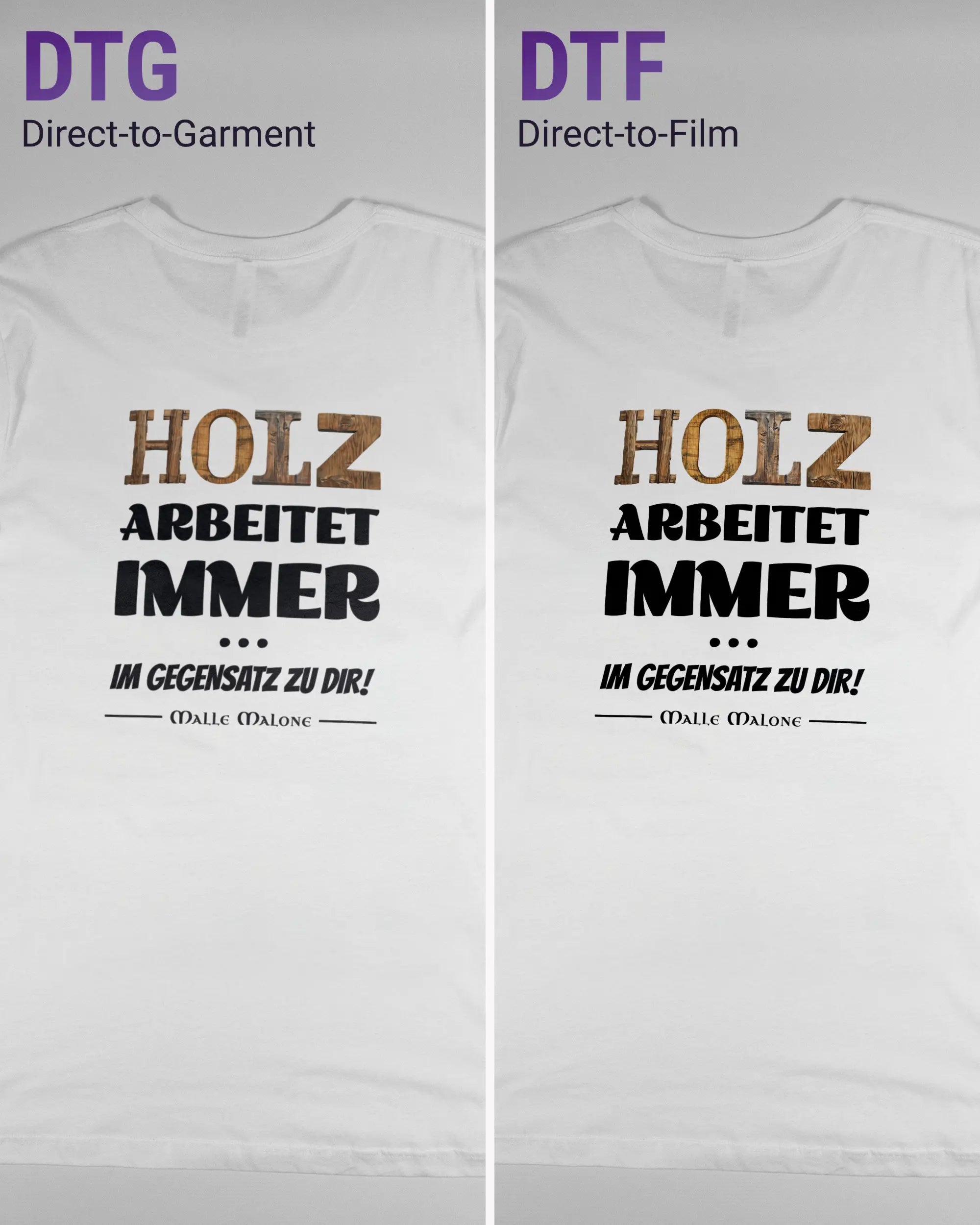 Vergleich der Rückseiten des Basic Unisex T-Shirt Light von Maondo mit dem Design Holzarbeit in der Farbe White und in der Größe L links mit dem Direct-to-Garment und rechts mit dem Direct-to-Film Verfahren