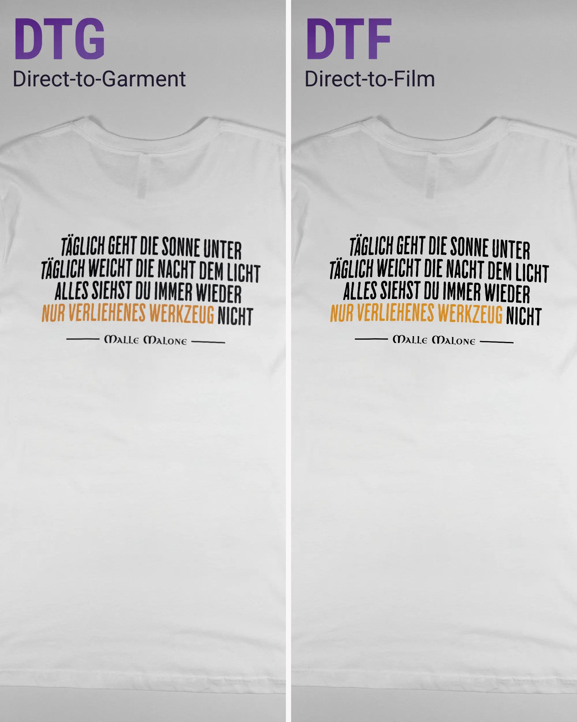 Vergleich der Rückseiten des Basic Unisex T-Shirt Light von Maondo mit dem Design Wegzeug in der Farbe White und in der Größe L links mit dem Direct-to-Garment und rechts mit dem Direct-to-Film Verfahren