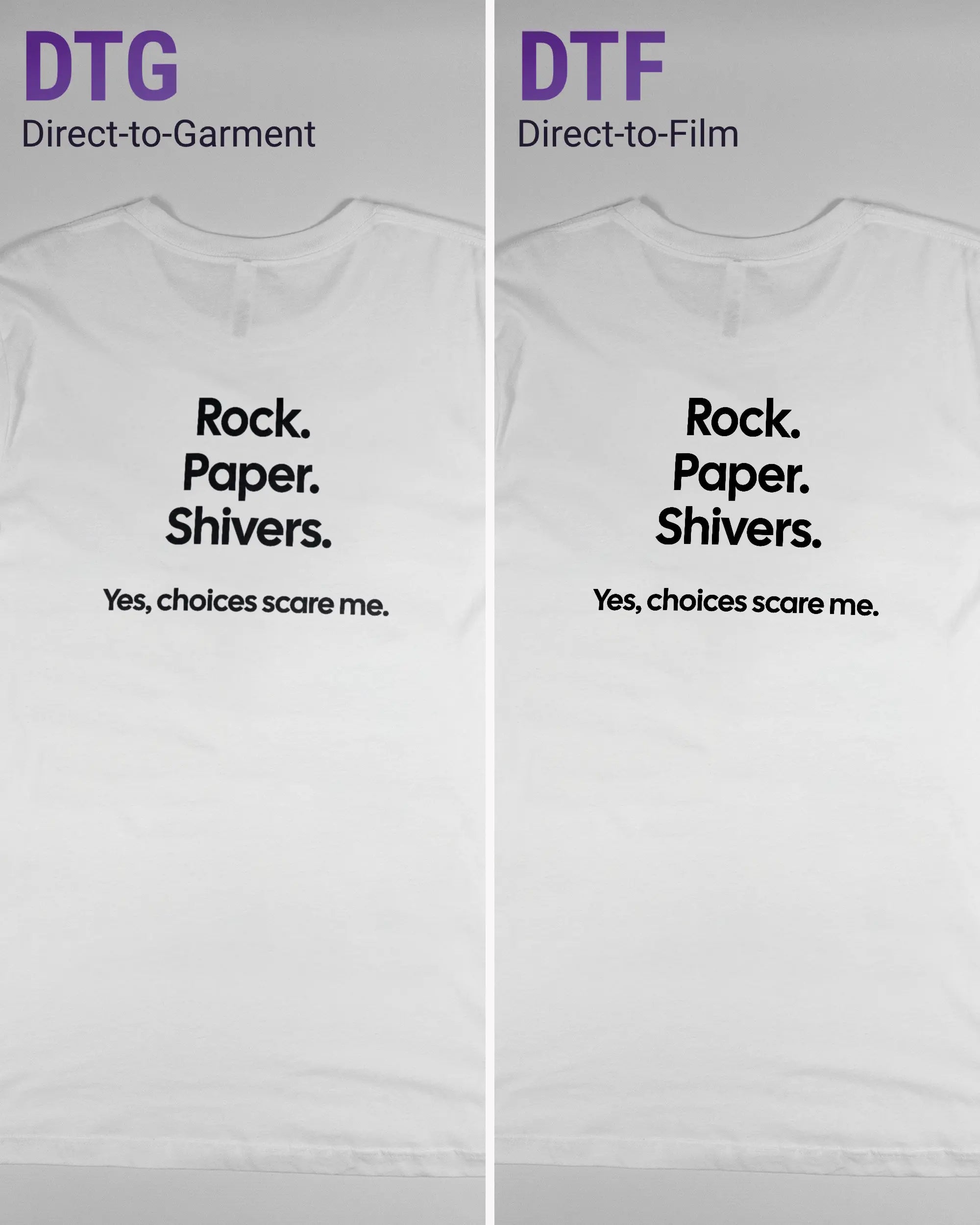 Vergleich der Rückseiten des Basic Unisex T-Shirt Light von Maondo mit dem Design Rock Paper Shivers in der Farbe White und in der Größe L links mit dem Direct-to-Garment und rechts mit dem Direct-to-Film Verfahren