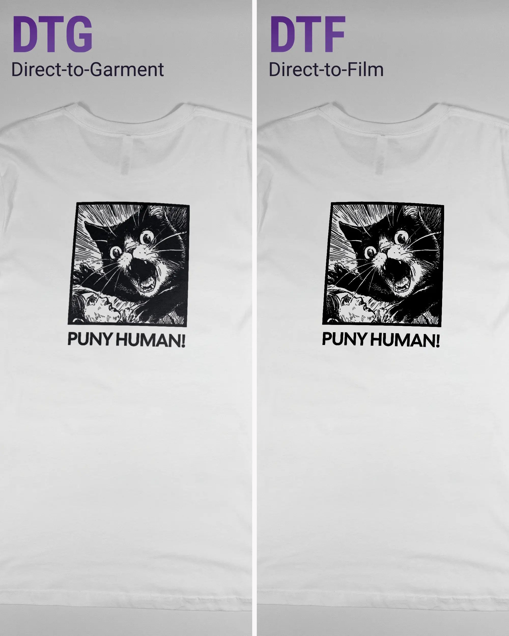 Vergleich der Rückseiten des Basic Unisex T-Shirt Light von Maondo mit dem Design Puny Human in der Farbe White und in der Größe L links mit dem Direct-to-Garment und rechts mit dem Direct-to-Film Verfahren