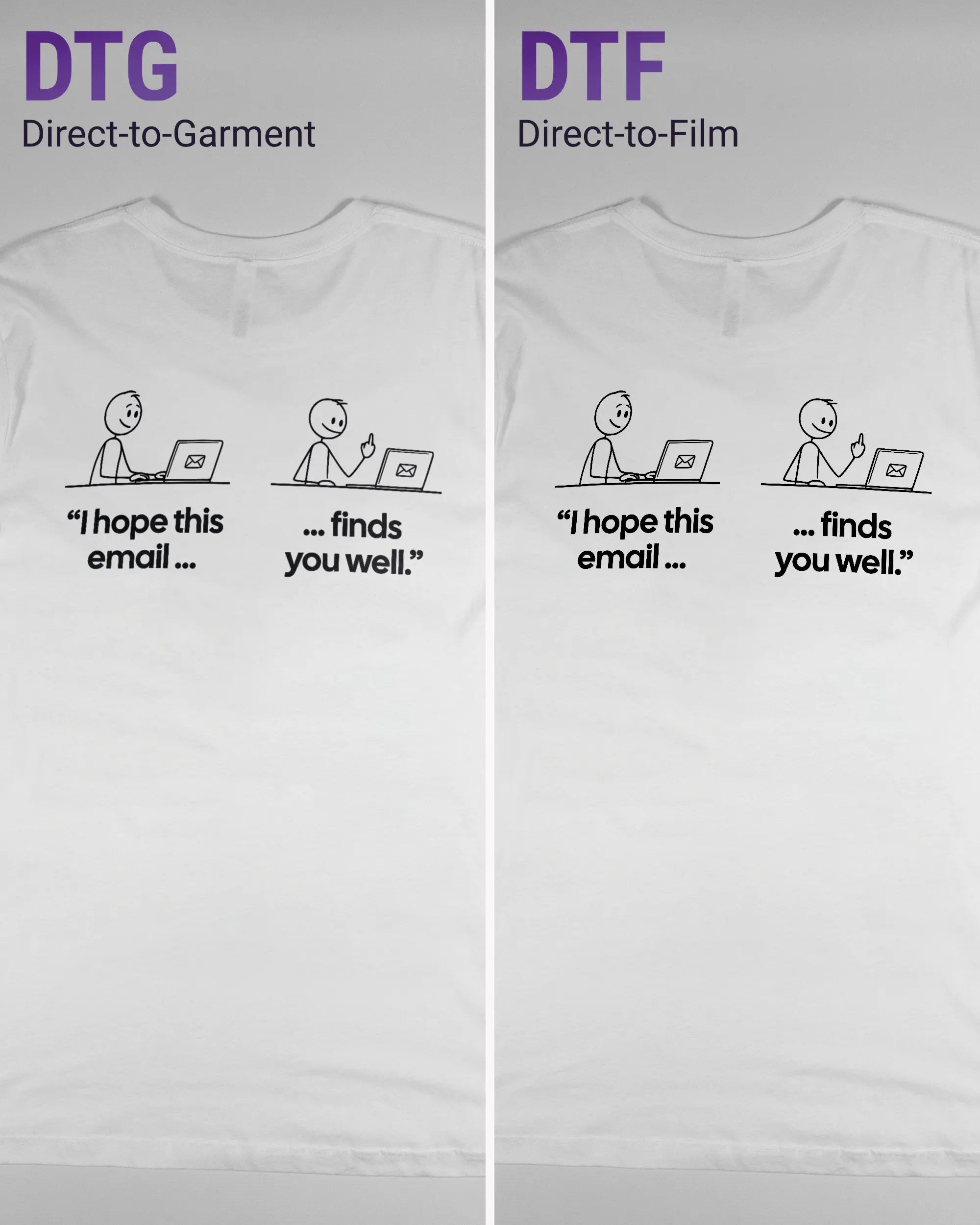 Vergleich der Rückseiten des Basic Unisex T-Shirt Light von Maondo mit dem Design Found me not well in der Farbe White und in der Größe L links mit dem Direct-to-Garment und rechts mit dem Direct-to-Film Verfahren