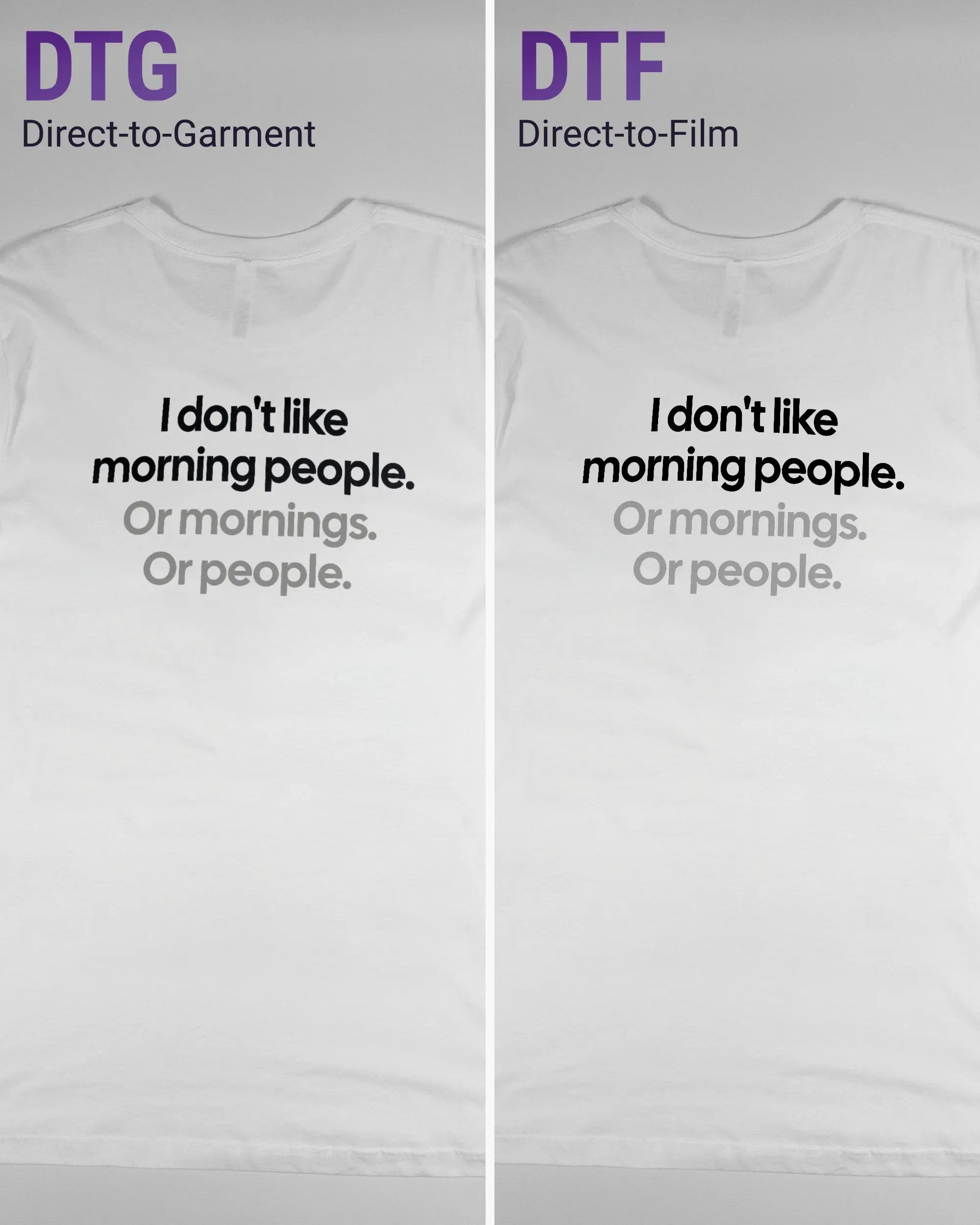 Vergleich der Rückseiten des Basic Unisex T-Shirt Light von Maondo mit dem Design Morning Person in der Farbe White und in der Größe L links mit dem Direct-to-Garment und rechts mit dem Direct-to-Film Verfahren