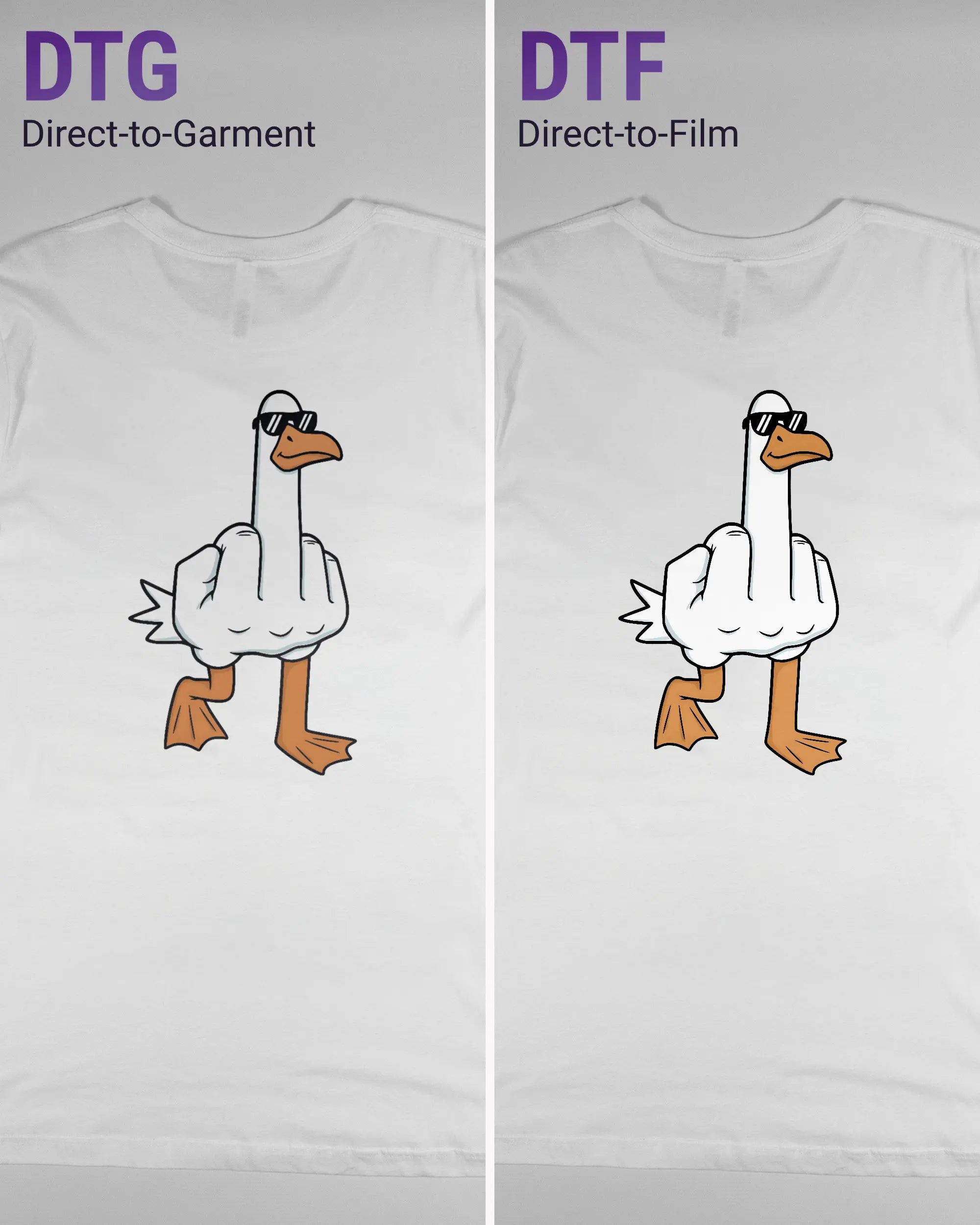 Vergleich der Rückseiten des Basic Unisex T-Shirt Light von Maondo mit dem Design I give a duck in der Farbe White und in der Größe L links mit dem Direct-to-Garment und rechts mit dem Direct-to-Film Verfahren