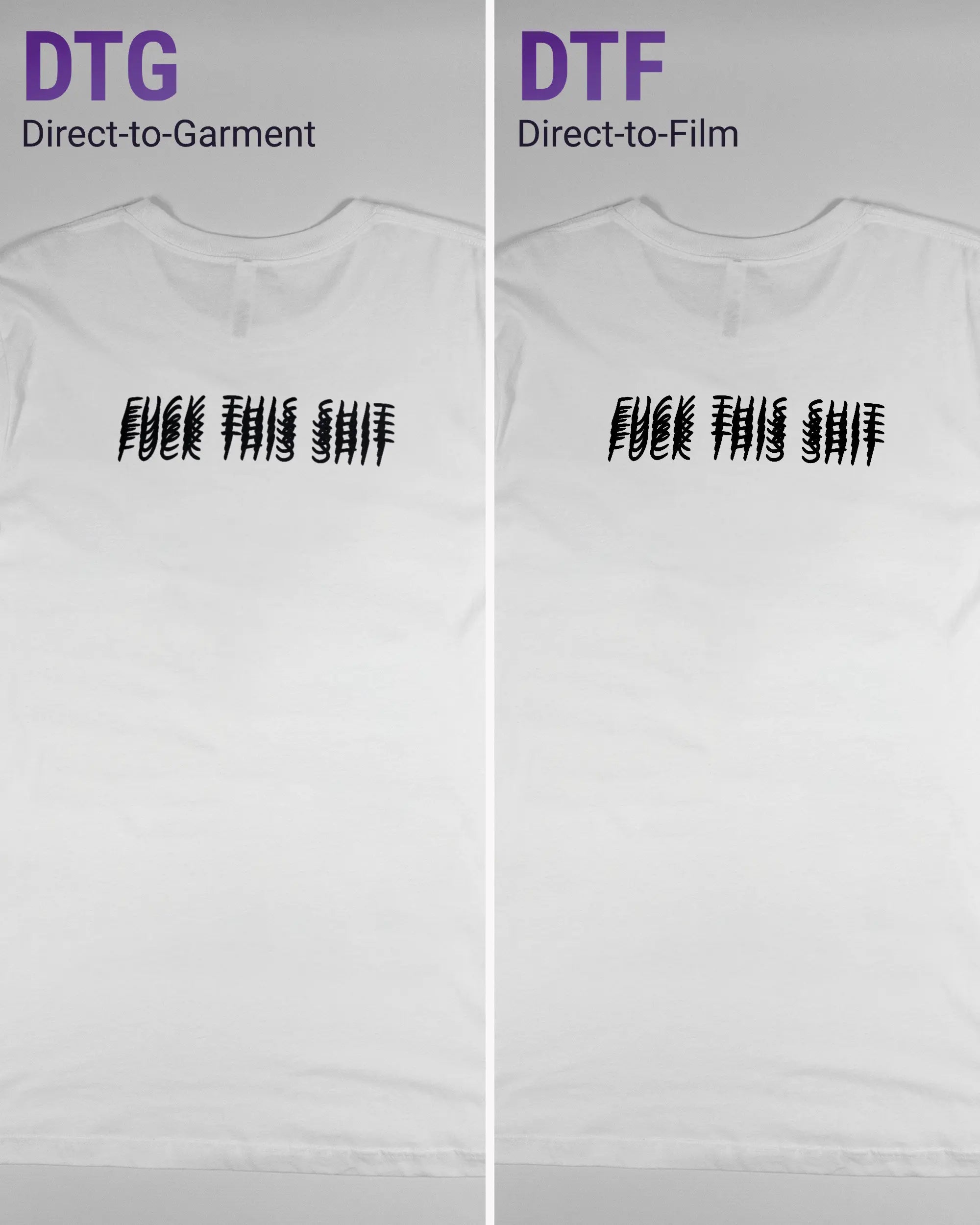 Vergleich der Rückseiten des Basic Unisex T-Shirt Light von Maondo mit dem Design Hidden Message in der Farbe White und in der Größe L links mit dem Direct-to-Garment und rechts mit dem Direct-to-Film Verfahren