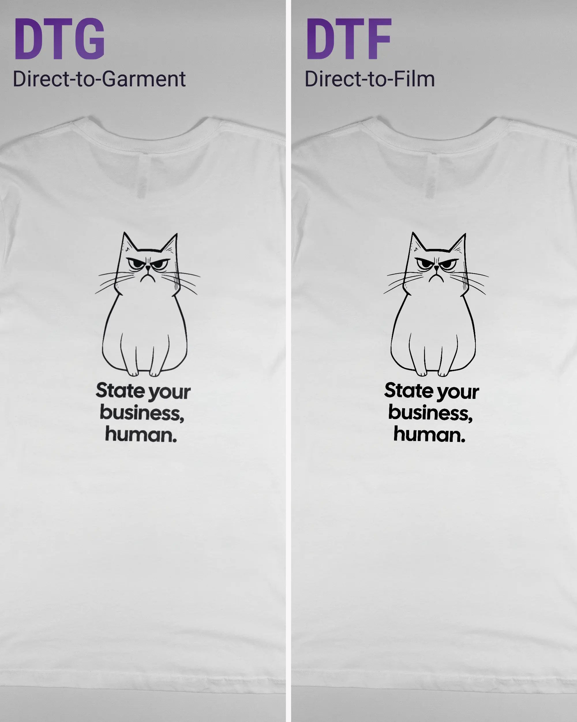 Vergleich der Rückseiten des Basic Unisex T-Shirt Light von Maondo mit dem Design Grumpy Purr in der Farbe White und in der Größe L links mit dem Direct-to-Garment und rechts mit dem Direct-to-Film Verfahren