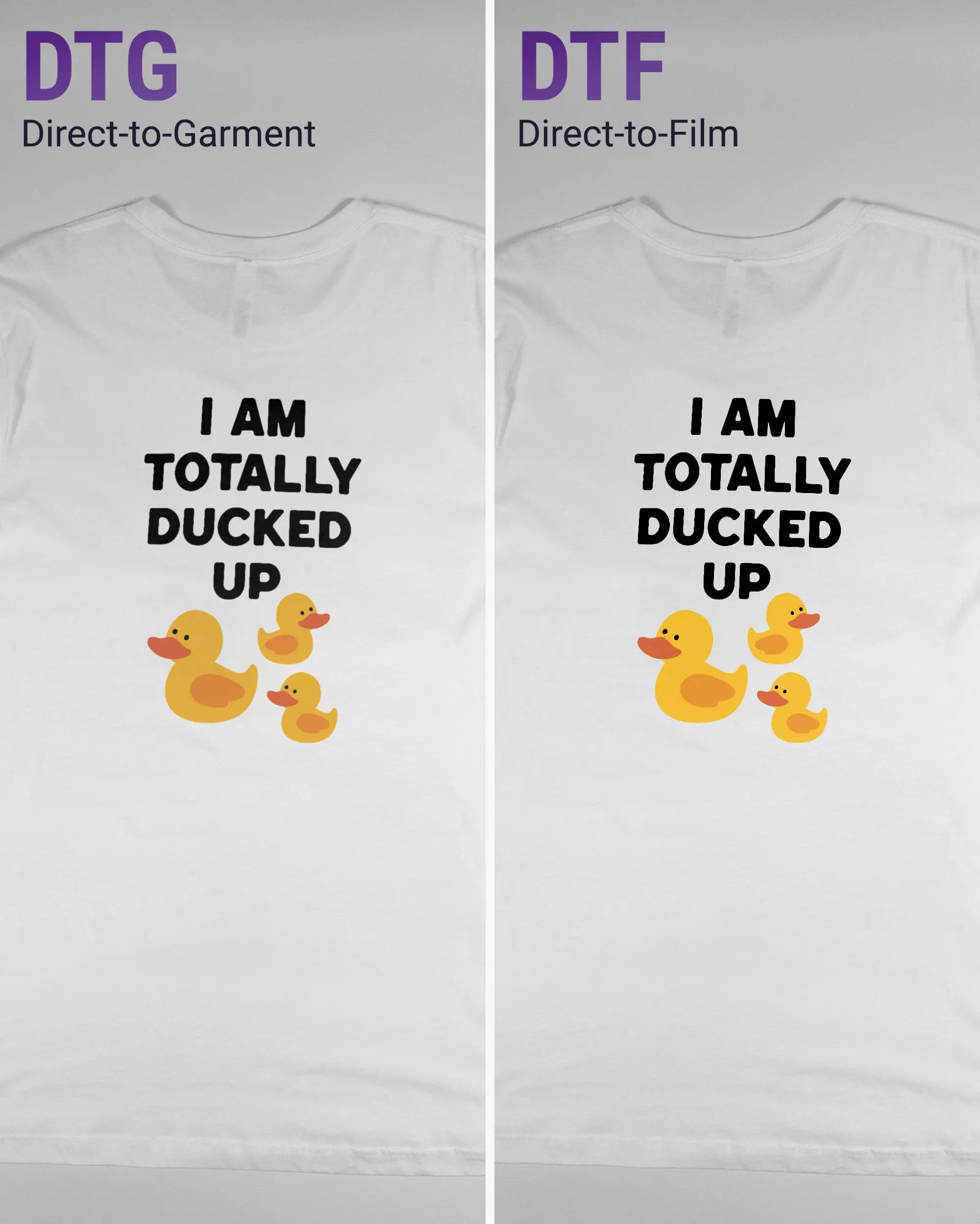 Vergleich der Rückseiten des Basic Unisex T-Shirt Light von Maondo mit dem Design Ducked Up in der Farbe White und in der Größe L links mit dem Direct-to-Garment und rechts mit dem Direct-to-Film Verfahren