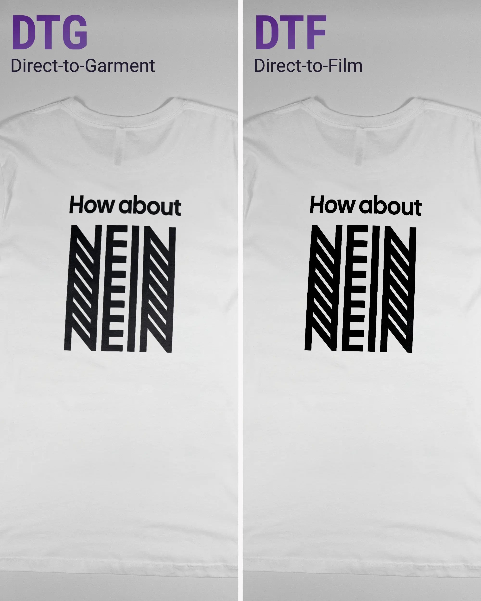 Vergleich der Rückseiten des Basic Unisex T-Shirt Light von Maondo mit dem Design How about nein in der Farbe White und in der Größe L links mit dem Direct-to-Garment und rechts mit dem Direct-to-Film Verfahren