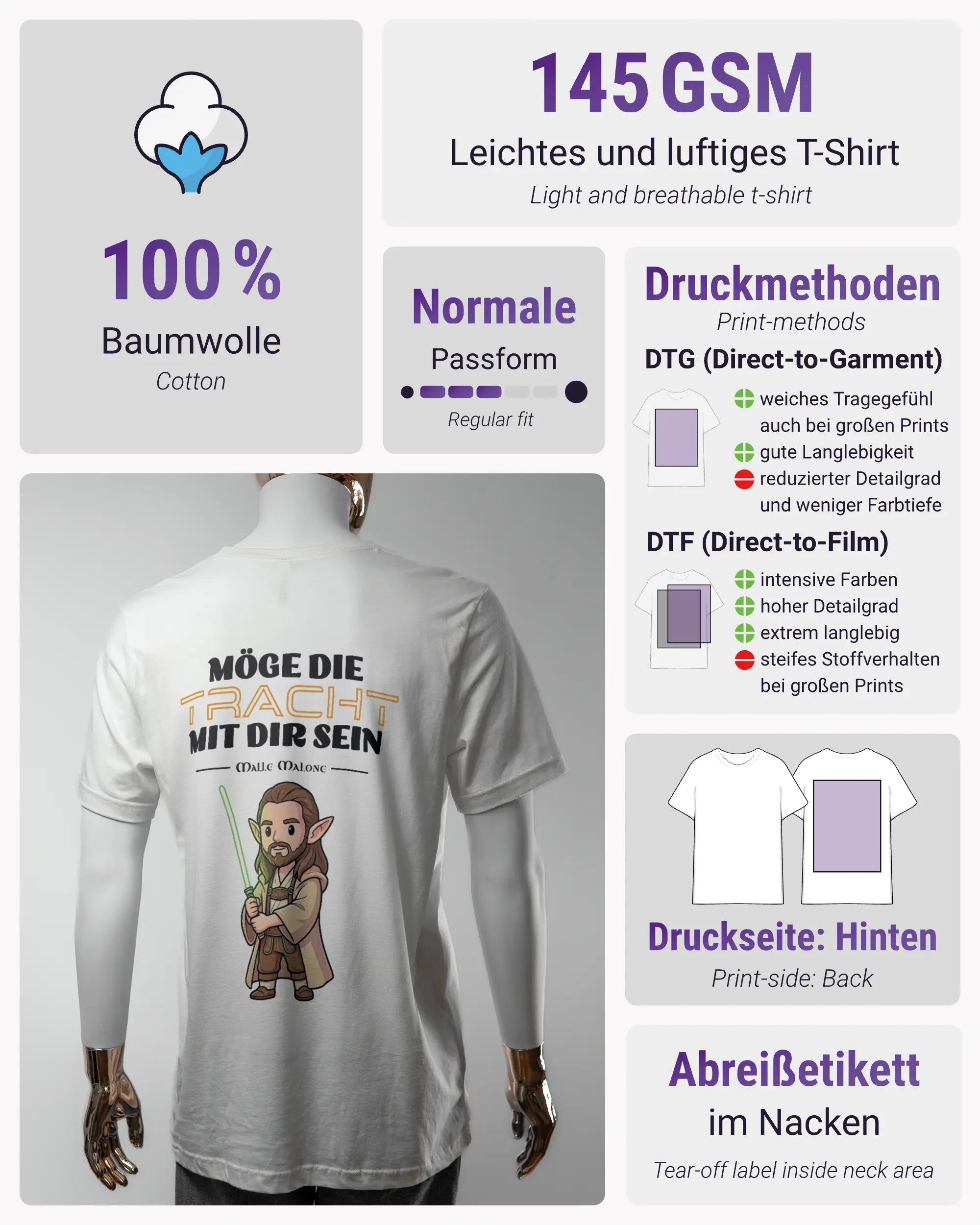 Produktinformationsblatt des Basic Unisex T-Shirt Light von Maondo mit dem Design Tracht mit dir hinten in der Farbe White und in der Größe L