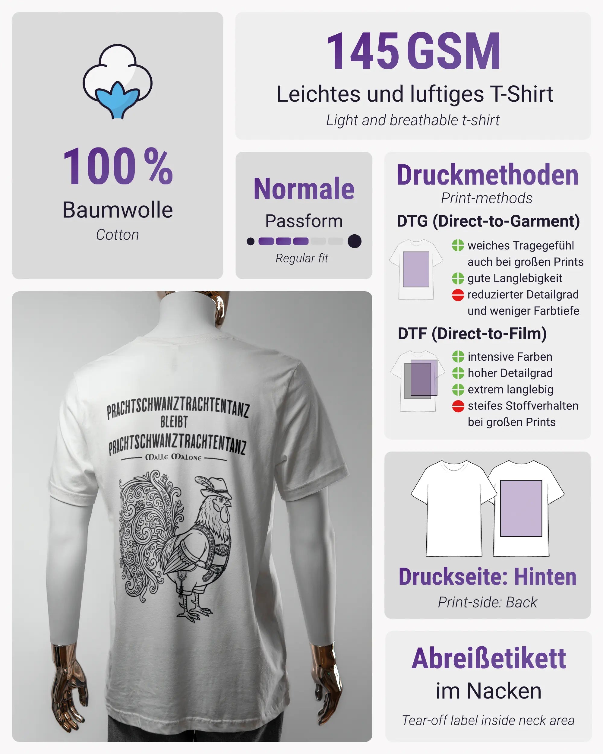 Produktinformationsblatt des Basic Unisex T-Shirt Light von Maondo mit dem Design Trachtentanz hinten in der Farbe White und in der Größe L