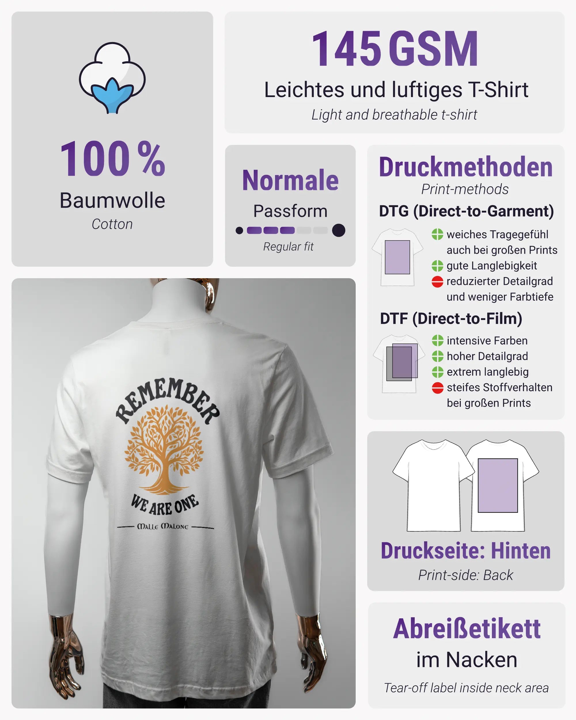 Produktinformationsblatt des Basic Unisex T-Shirt Light von Maondo mit dem Design We are one hinten in der Farbe White und in der Größe L