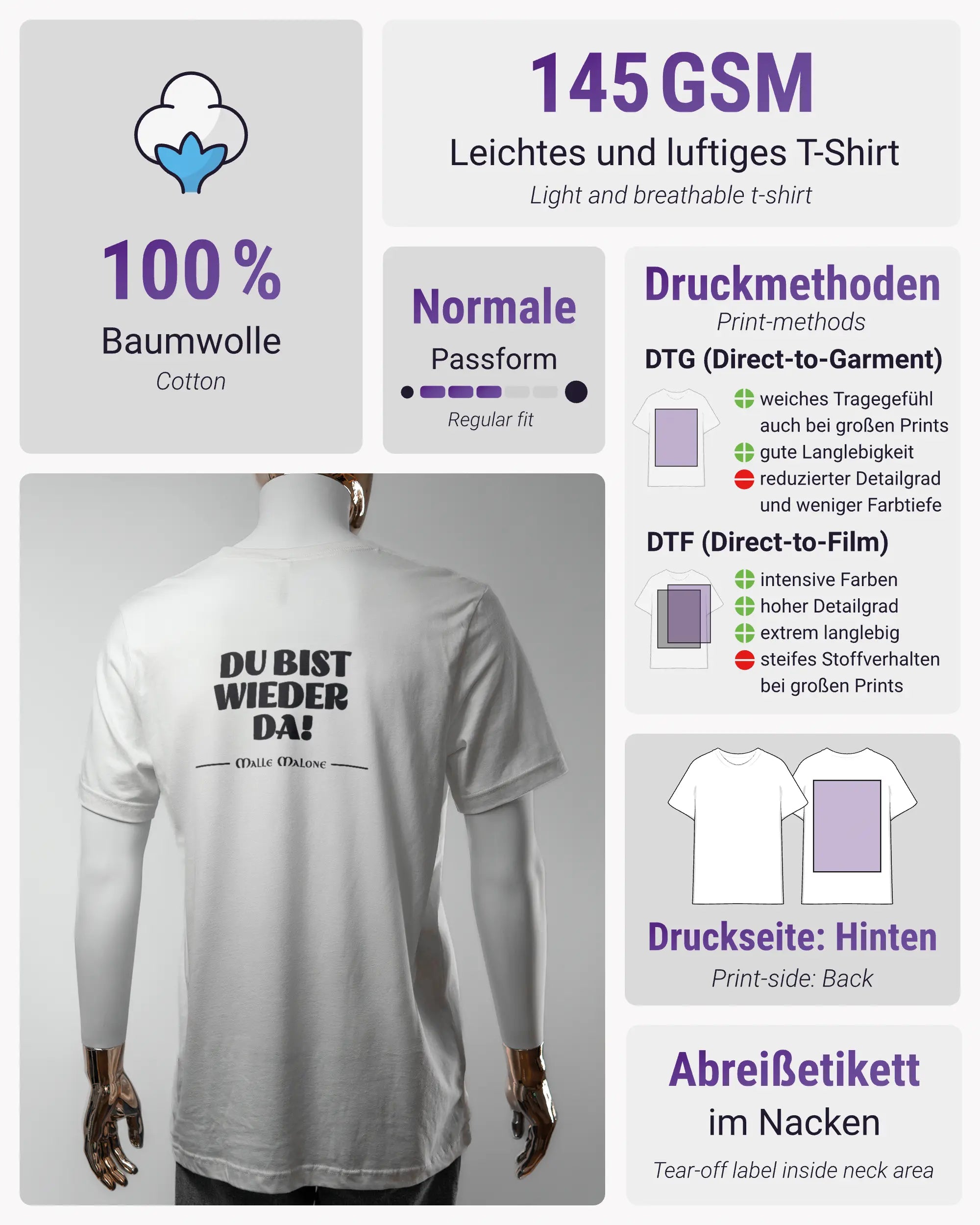 Produktinformationsblatt des Basic Unisex T-Shirt Light von Maondo mit dem Design Wieder da hinten in der Farbe White und in der Größe L