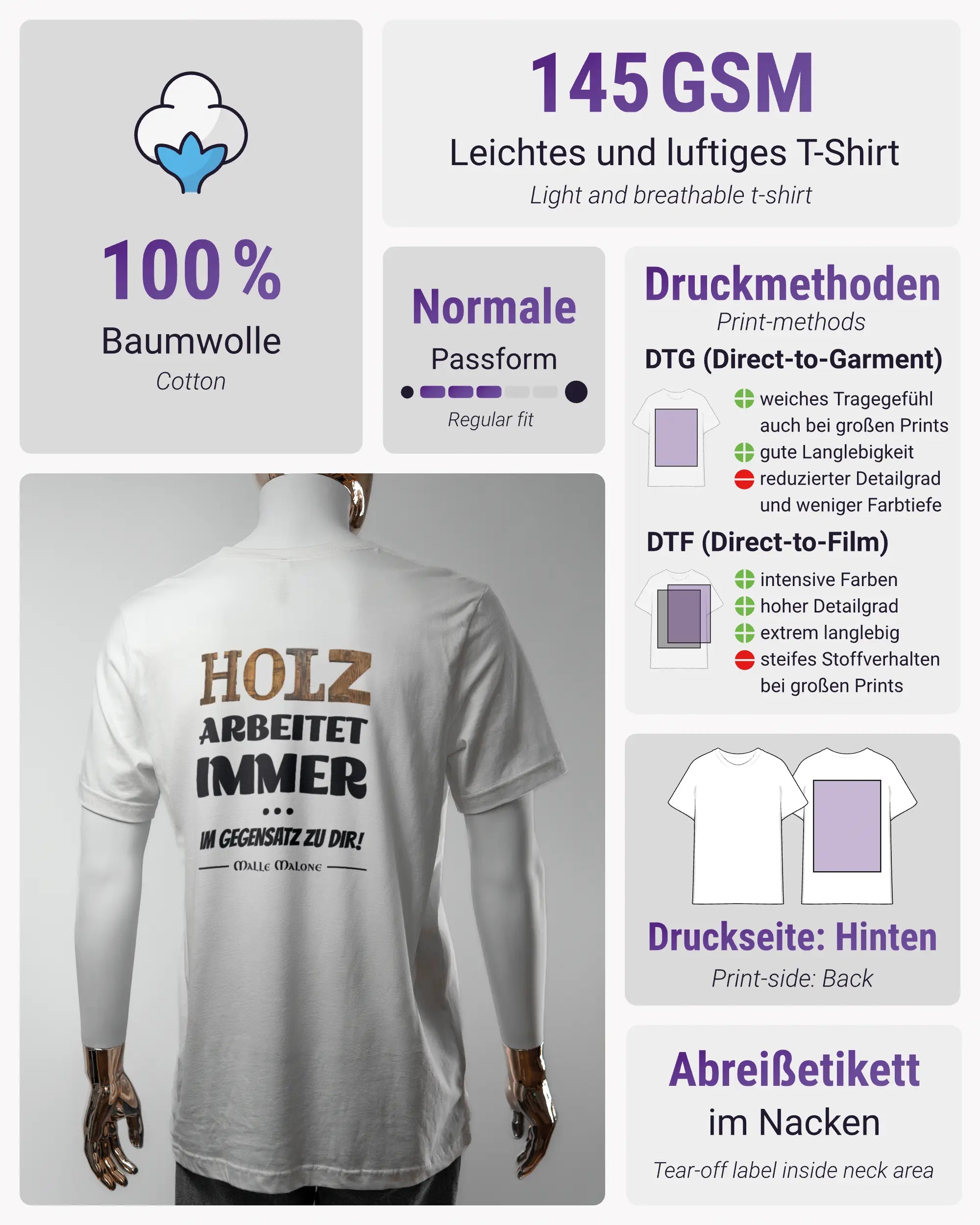 Produktinformationsblatt des Basic Unisex T-Shirt Light von Maondo mit dem Design Holzarbeit hinten in der Farbe White und in der Größe L
