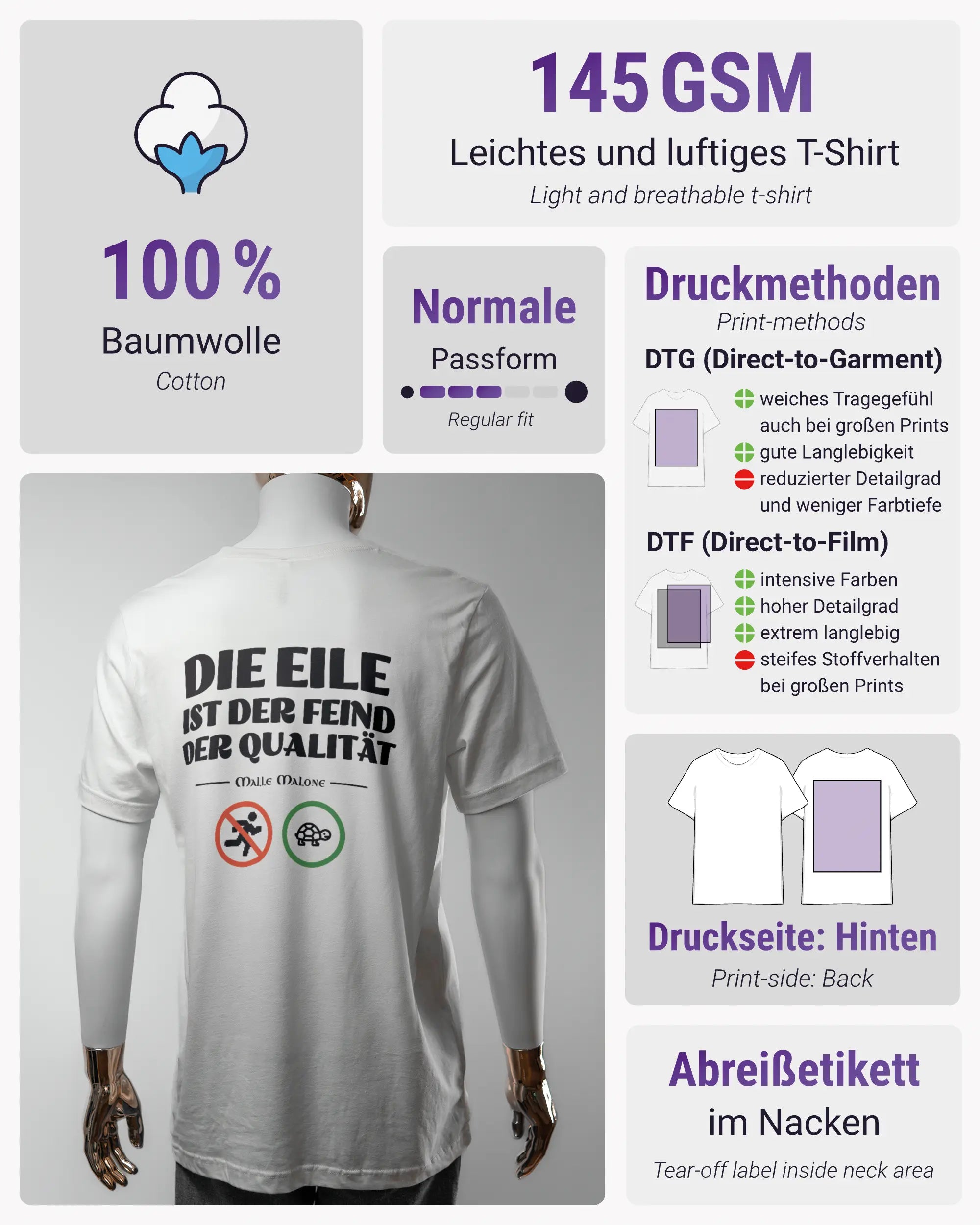 Produktinformationsblatt des Basic Unisex T-Shirt Light von Maondo mit dem Design Keine Eile hinten in der Farbe White und in der Größe L