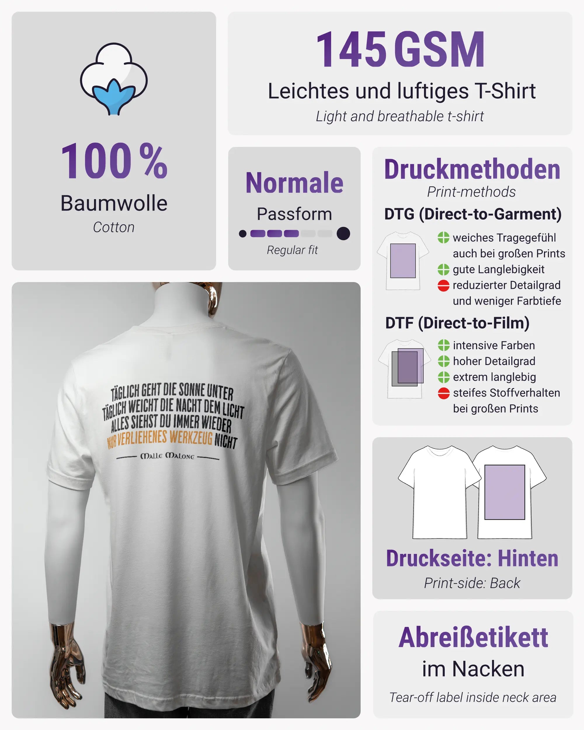 Produktinformationsblatt des Basic Unisex T-Shirt Light von Maondo mit dem Design Wegzeug hinten in der Farbe White und in der Größe L