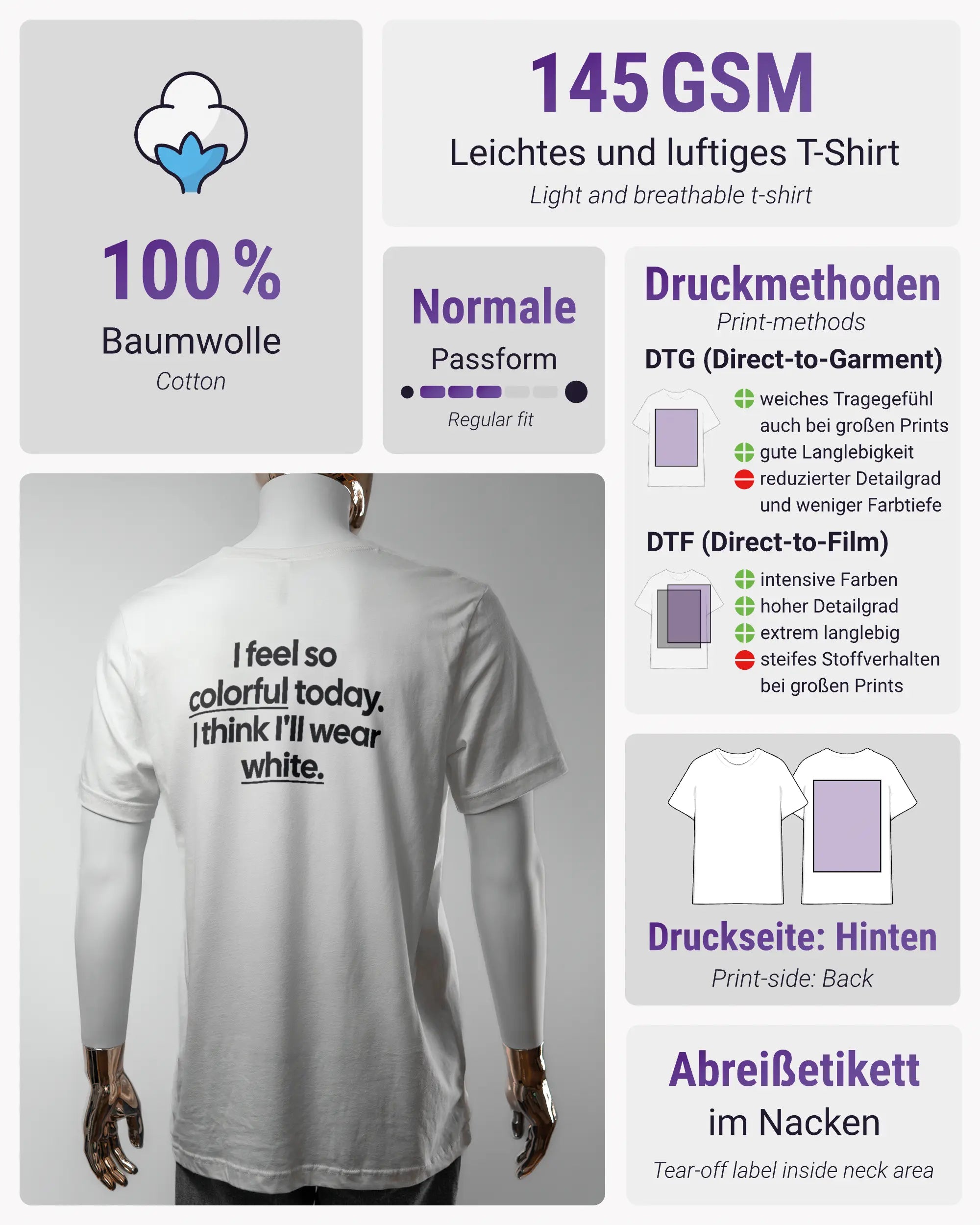 Produktinformationsblatt des Basic Unisex T-Shirt Light von Maondo mit dem Design Colorful Day hinten in der Farbe White und in der Größe L